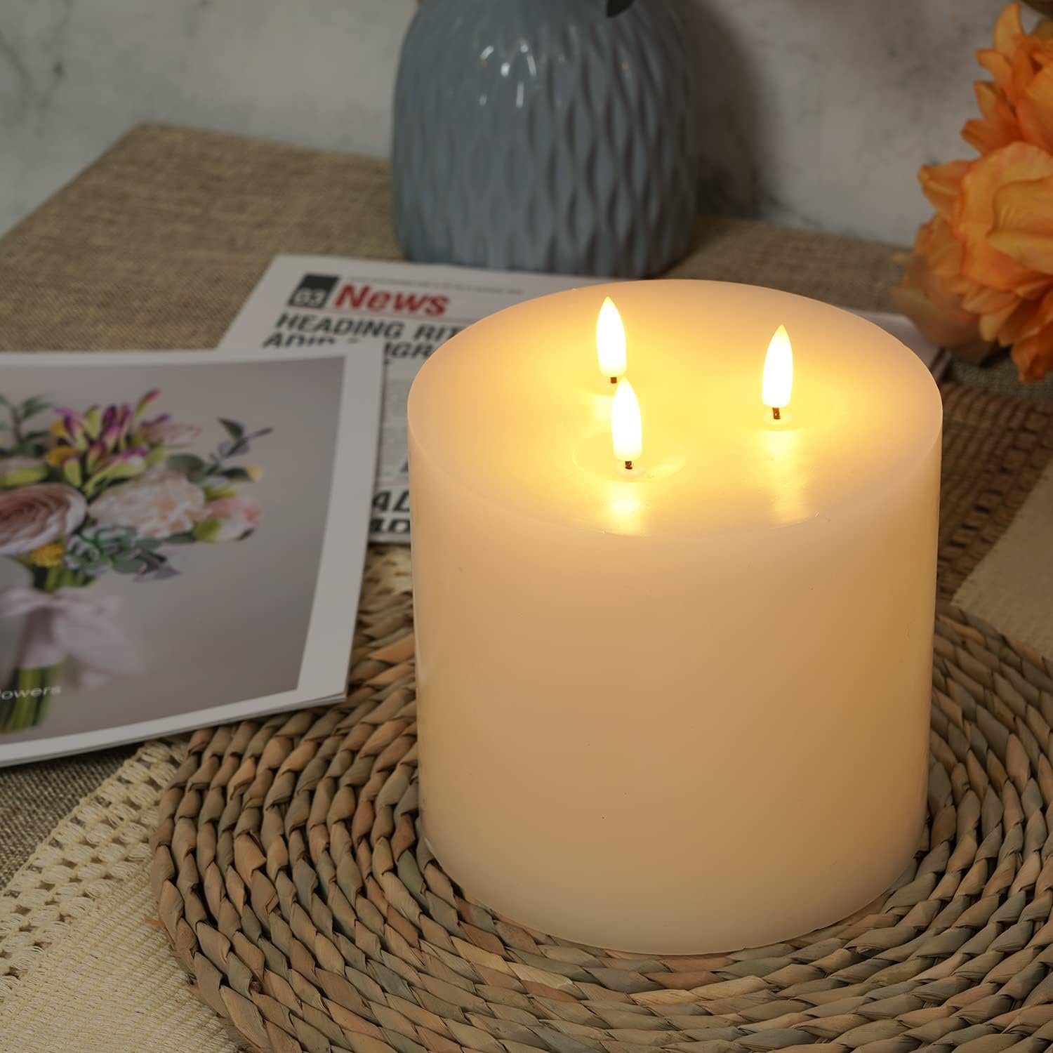 Amagic 6"x6" Extra Large Flameless Candles with 3 Wicks, Battery Operated Candles with Remote Control and Timers, 6 inch Diameter LED Pillar Candles, Real Wax, Ivory - Image 5