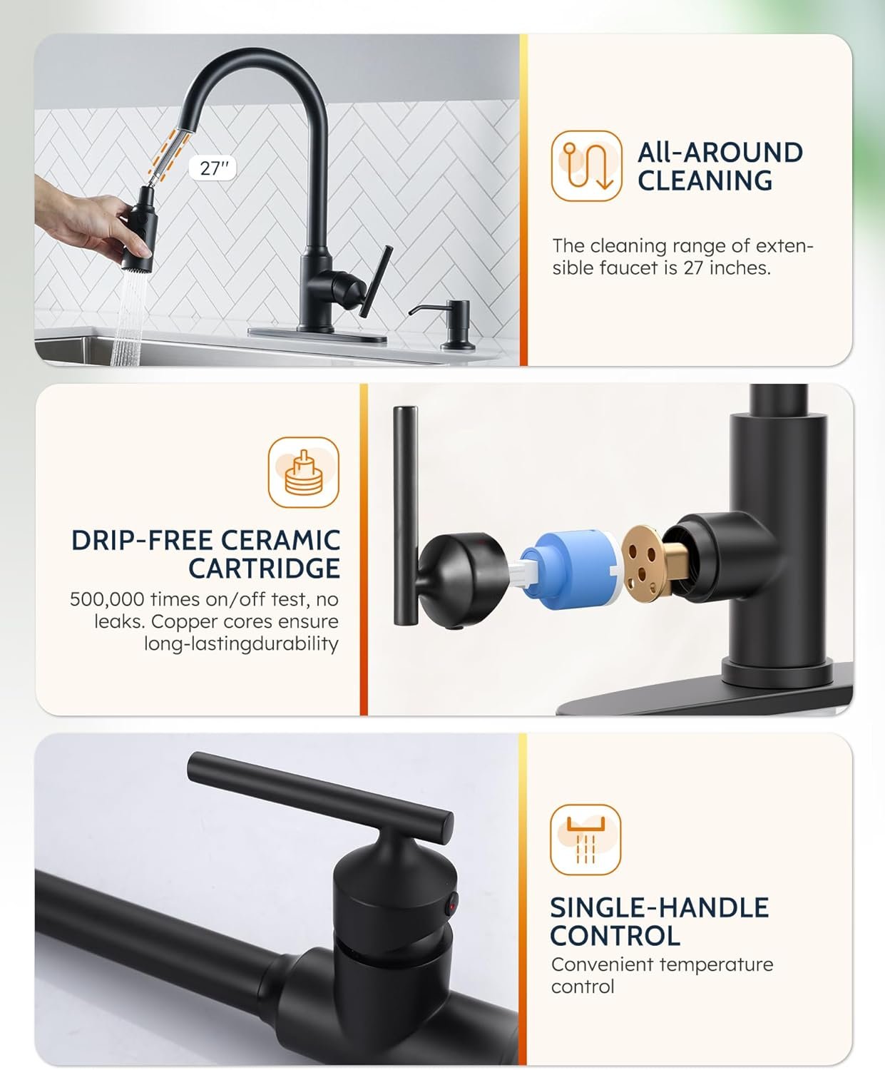 WOWOW Kitchen Faucets with Pull Down Sprayer, Matte Black Kitchen Faucet with Sprayer, 304 Stainless Steel High Arc Single Handle Pull Down Kitchen Faucet for Kitchen Sink Faucet with Soap Dispenser - Image 7