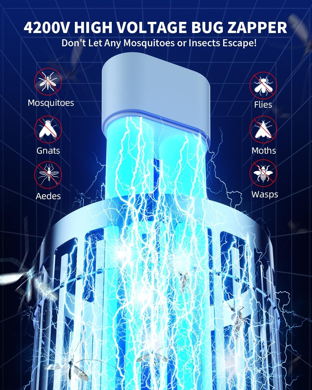 Minimoon Bug Zapper Outdoor, Upgraded Mosquito Zapper with Dual LED Light, 4200V Fly Zapper, 15W Electric Fly Traps Outdoor, IPX4, 8.2Ft Cord, Insect Trap for Yard, Backyard, Patio - Image 4