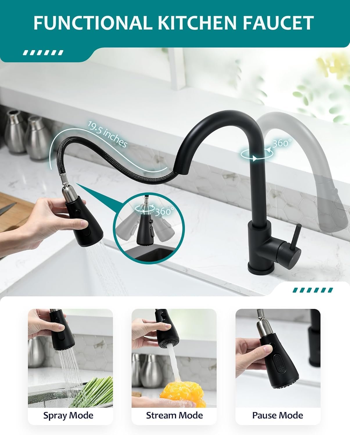 Black Kitchen Faucet with Pull Down Sprayer for RV Sink, VFAUOSIT Kitchen Sink Faucet Stainless Steel Laundry Single Handle Pull Out Kitchen Faucets Matte Black, Grifo para Fregaderos de Cocina - Image 3