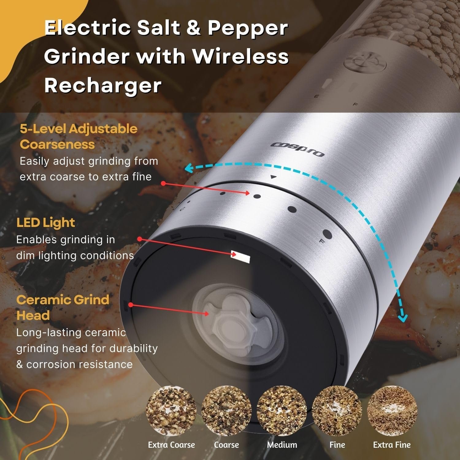 COSPRO 3-in-1 Wireless Charging Electric Salt and Pepper Grinder Set, Rechargeable Automatic Stainless Steel Spices Mill Set - One-Hand to Operate, Adjustable Coarseness, Easy Cleaning - Image 8