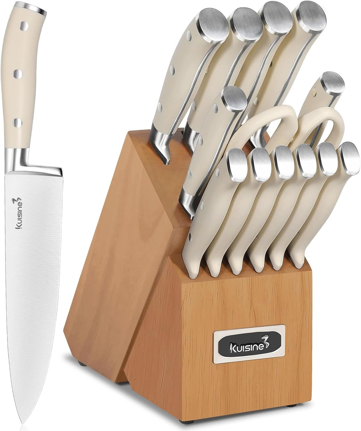 Kuisine Kitchen Chef Knife Block Set,High Carbon Stainless Steel Razor-Sharp Blade Ergonomic Handle,Knife Set Block with Built-in Sharpener,Elegant Gift(Irovy-Acacia,15pcs) - Image 2