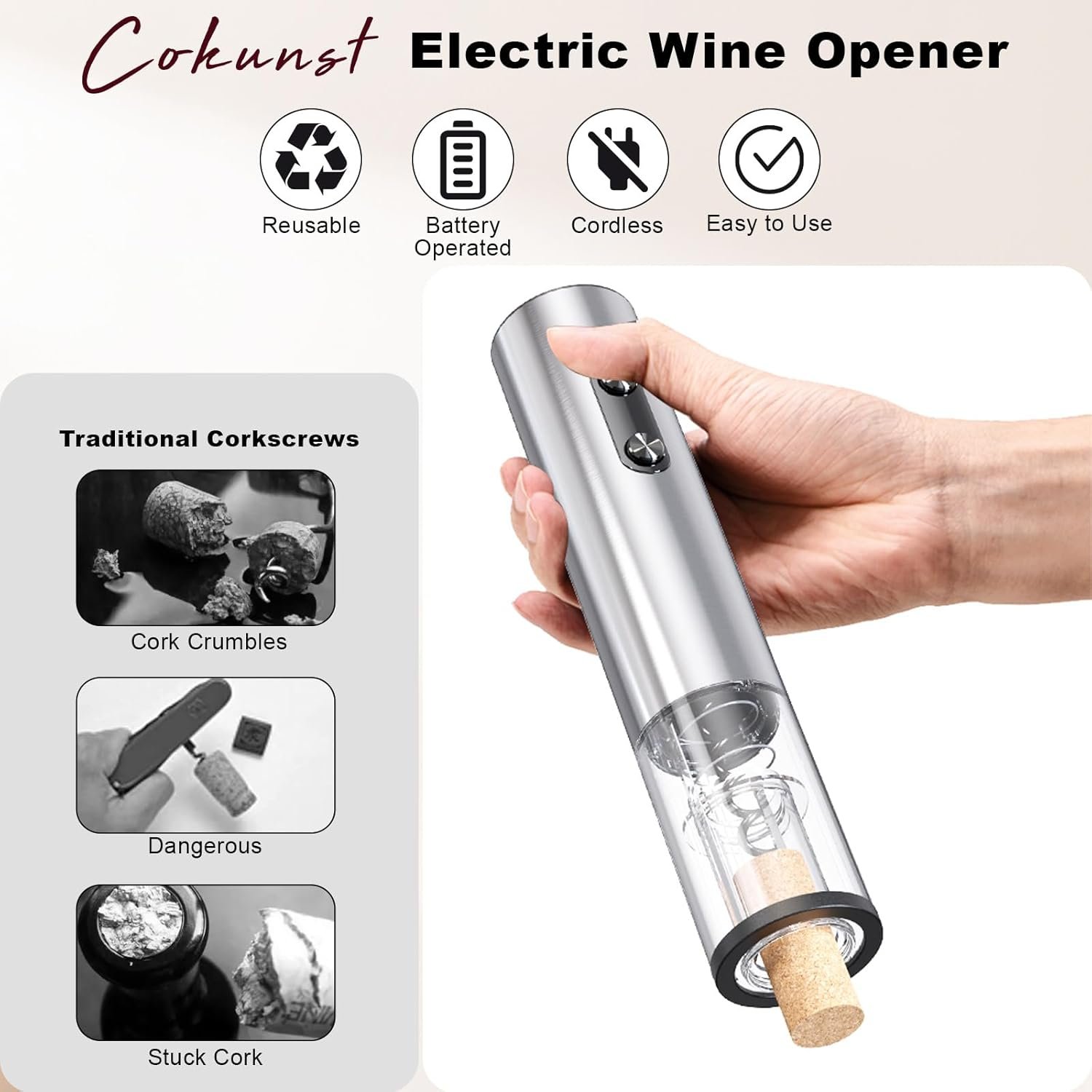 COKUNST Electric Wine Opener, Battery Operated Corkscrews Wine Bottles Openers with Foil Cutter & LED Light, Reusable Automatic Wine Remover Stainless Steel for Wine Lover Home Kitchen Party - Image 5