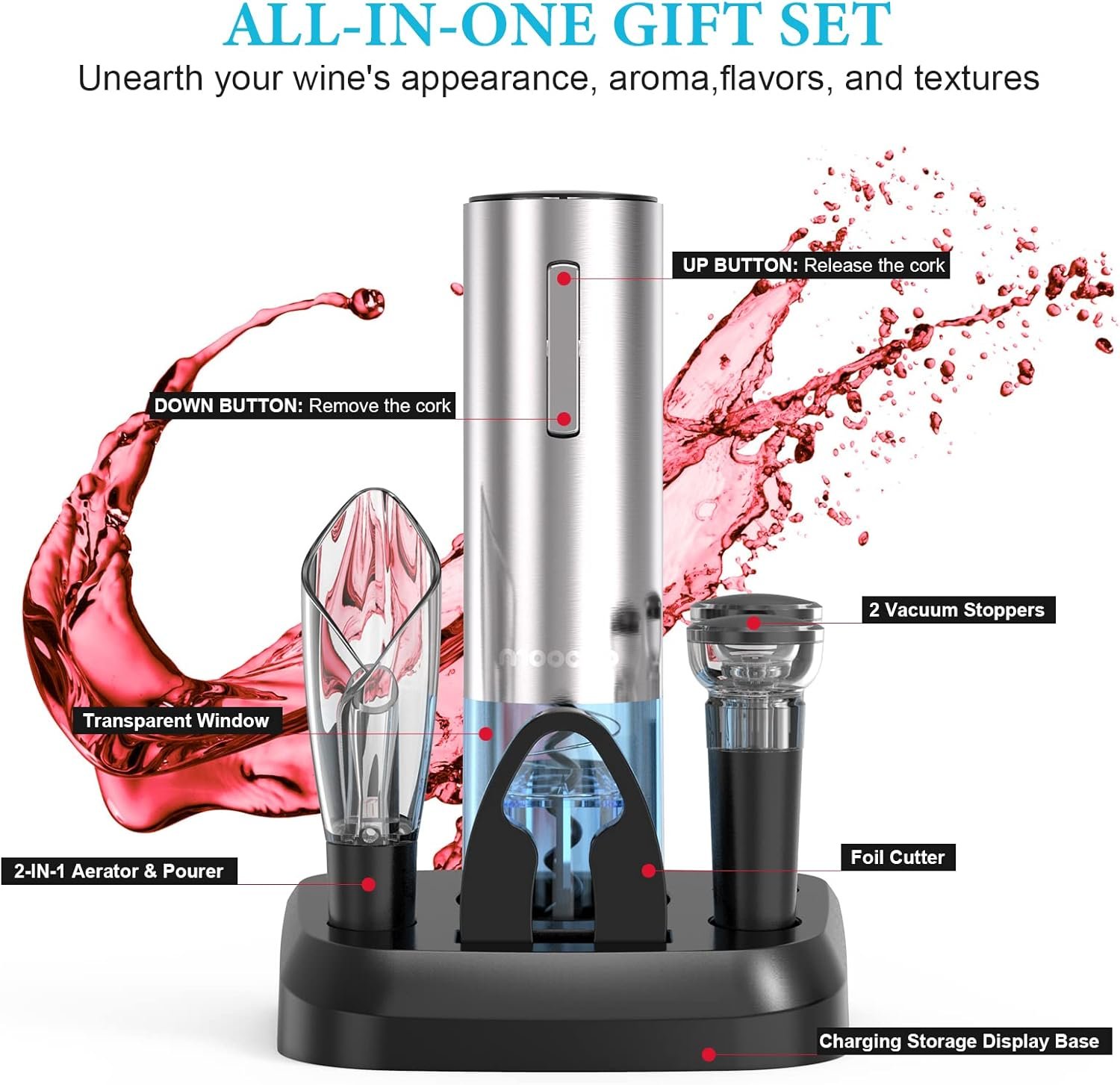 Electric Wine Opener with Charging Base, Moocoo Stainless Steel Automatic Electric Wine Bottle Corkscrew Opener Gift Set with 2-in-1 Aerator & Pourer, Foil Cutter, 2 Vacuum Stoppers, Rechargeable - Image 8