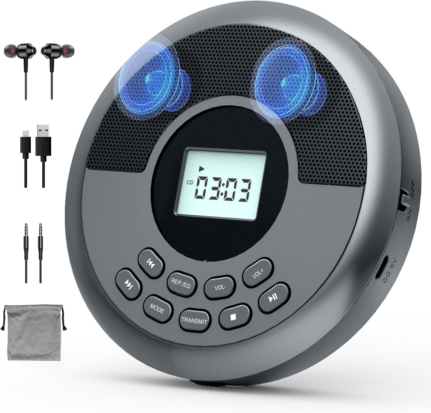 Portable CD Player with Bluetooth,Rechargeable CD Player for Car with Speakers,Walkman CD Player with Headphones and Anti-Skip Protection,Discman with LCD Display,AUX Cable. - Image 2