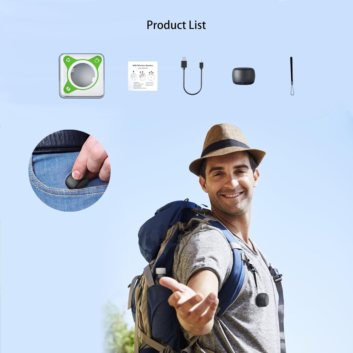 Tiny Speaker Smallest Mini Bluetooth Speakers Wireless with Remote Shutter, Hands-Free Call, Built-in Mic, TWS, Black Little Portable Speaker Plays Podcasts in Hike, Ruck, Biking, Gifts - Image 7