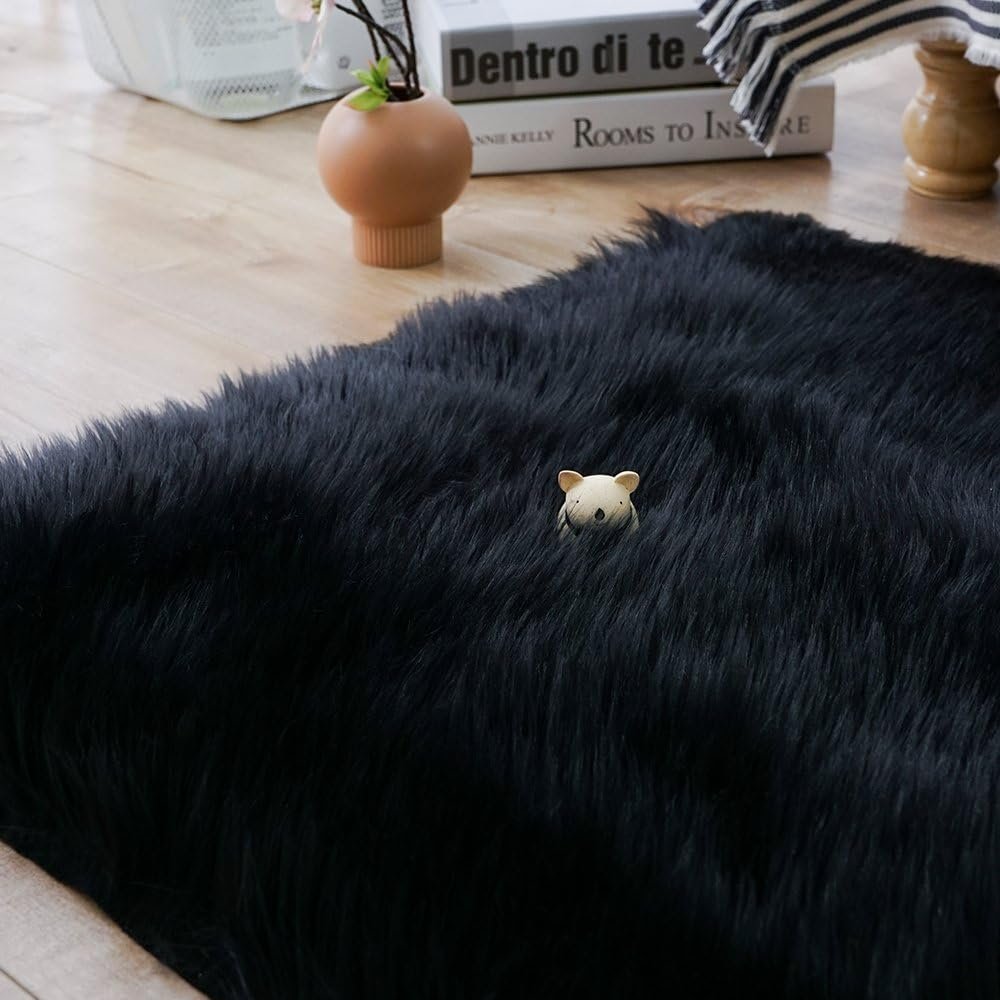 Carvapet Luxury Soft Faux Sheepskin Fur Area Rugs for Bedside Floor Mat Plush Sofa Cover Seat Pad for Bedroom, 2.3ft x 5ft,Black - Image 7
