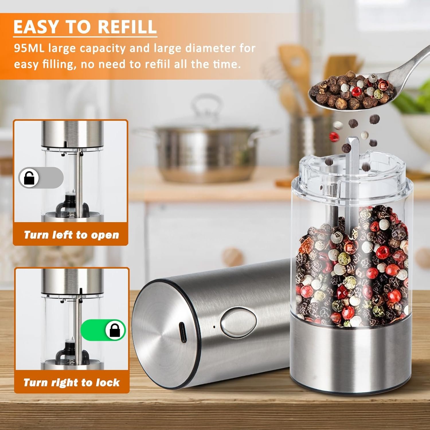Electric Salt and Pepper Grinder Set(2 Pack), SDMXSE Rechargeable Stainless Steel Automatic Mills with Adjustable Coarseness, LED Light, Refillable Electric Salt Shakers for Kitchen, Silver - Image 4