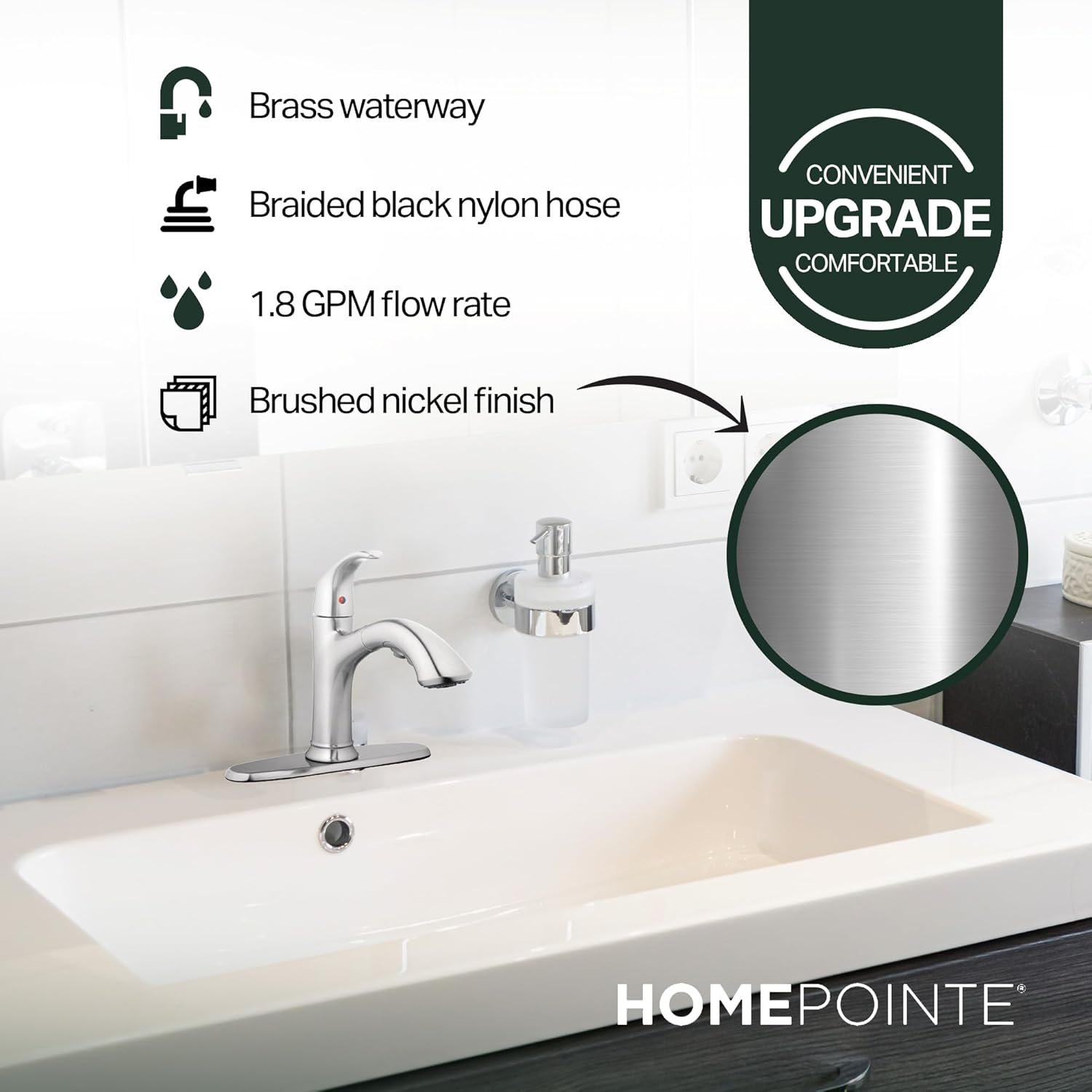 HomePointe Single Loop Handle Kitchen Faucet With Pull-Out Spray, Brass Waterways, Braided Black Nylon Hose and Ceramic Disc Cartridge, Brushed Nickel - Image 3