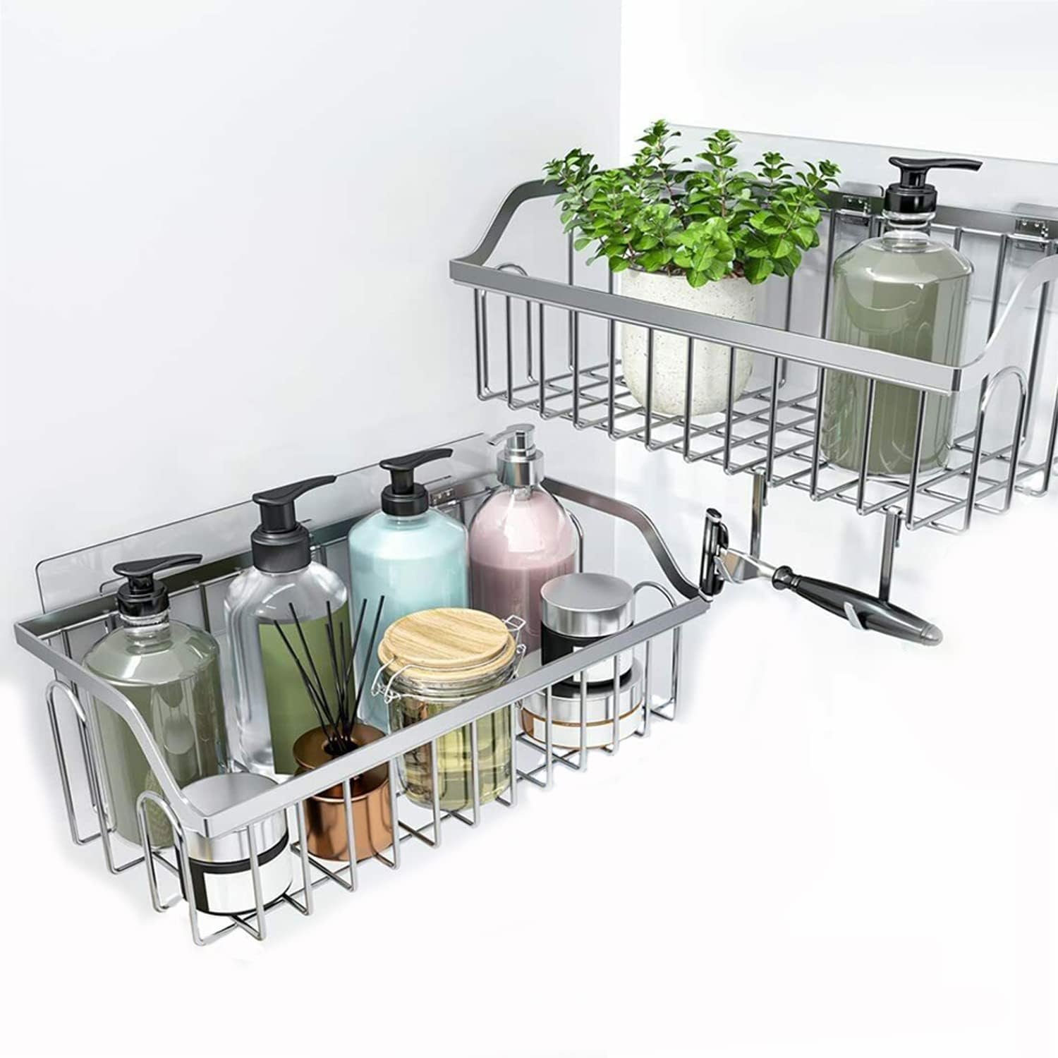 2 Pcs Corner Shower Caddy Adhesive Replacement Hook, Heavy-Duty No Drilling Adhesive Stickers for Shower Caddy Shelves Basket Bathroom Organizer Hanging Hook, Wall Mount Sticker Strips Pads - Image 7