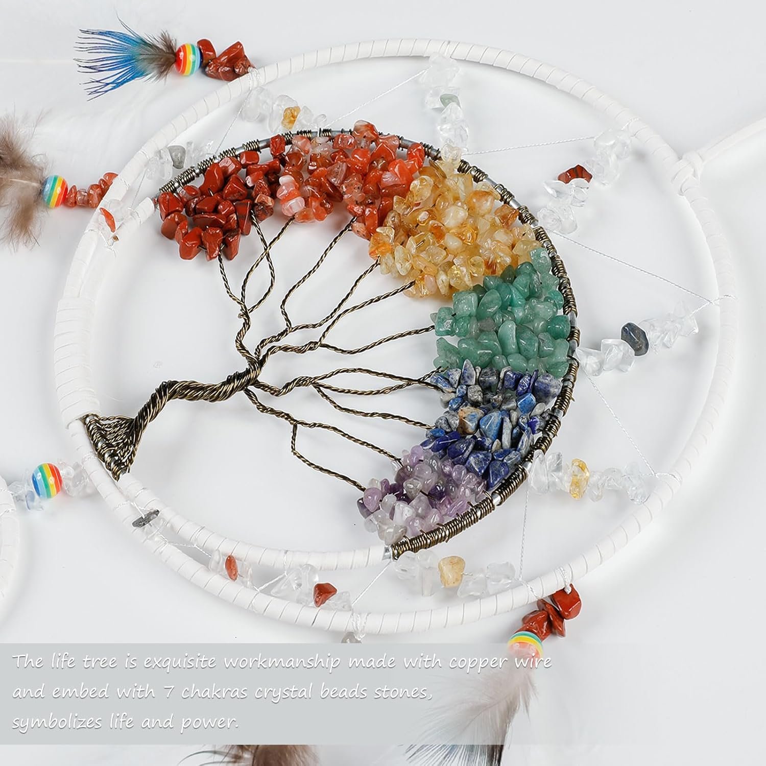 7 Chakras Tree of Life Dream Catcher Wall Decor with Rainbow Healing Crystal Stone Handmade White Feather DreamCatchers Wall Hanging Ornaments for Bedroom Home Decor Blessing Gift Wedding Party-23.6" - Image 4