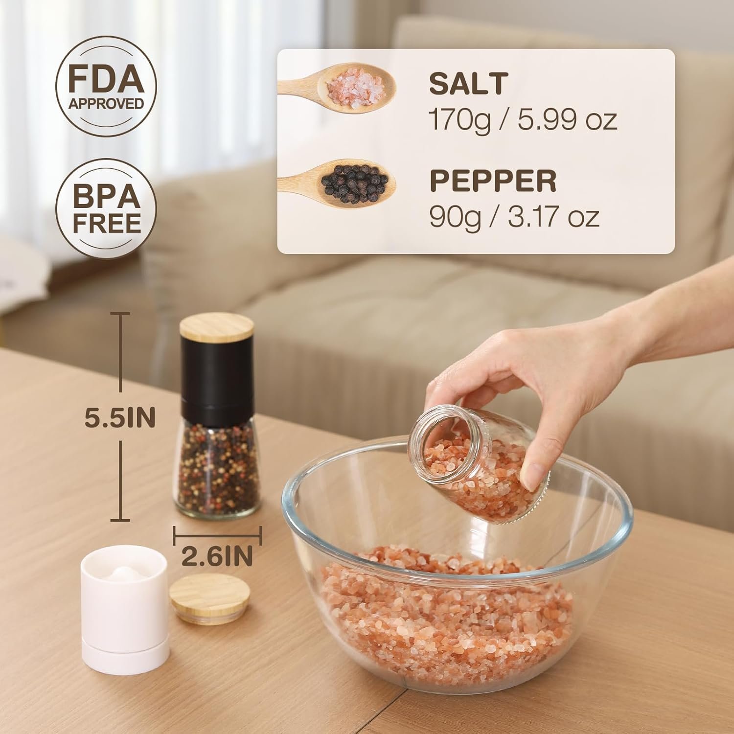 VUCCHINI Salt and Black Pepper Grinder Set - Bamboo Lid and Wood Stand Refillable Sea Salt Grinder Shaker Mills (black and white) - Image 4