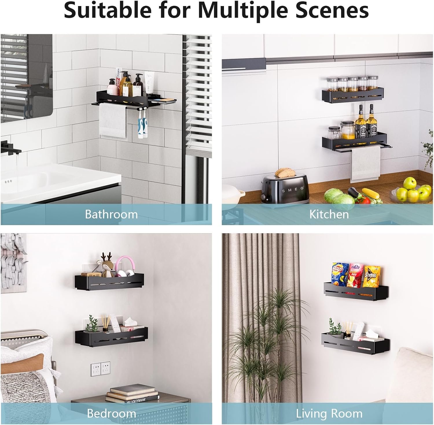 Shower Caddy - 2 Pack No Drilling Adhesive Shower Rack with Soap Holder & 2 Toothbrush Holder - Rustproof Large Capacity Shower Organizer with Towel Rack for Bathroom, Kitchen Storage - Image 8