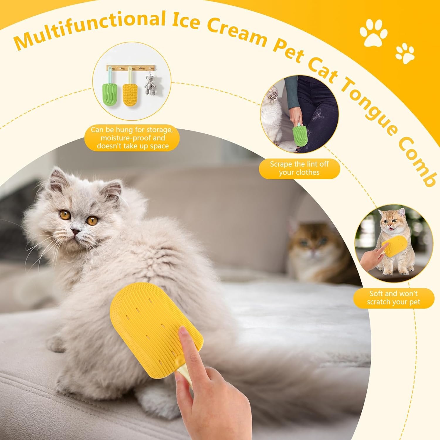 2Pcs Cat Tongue Comb, 2024 New Cat Grooming Brush, Cats Shedding Brush for Long Haired Cats, Cute Cartoon Ice Cream Cat Fur Remover Comb for Cats Grooming Easily Removes Fur Reducing Hairballs - Image 6