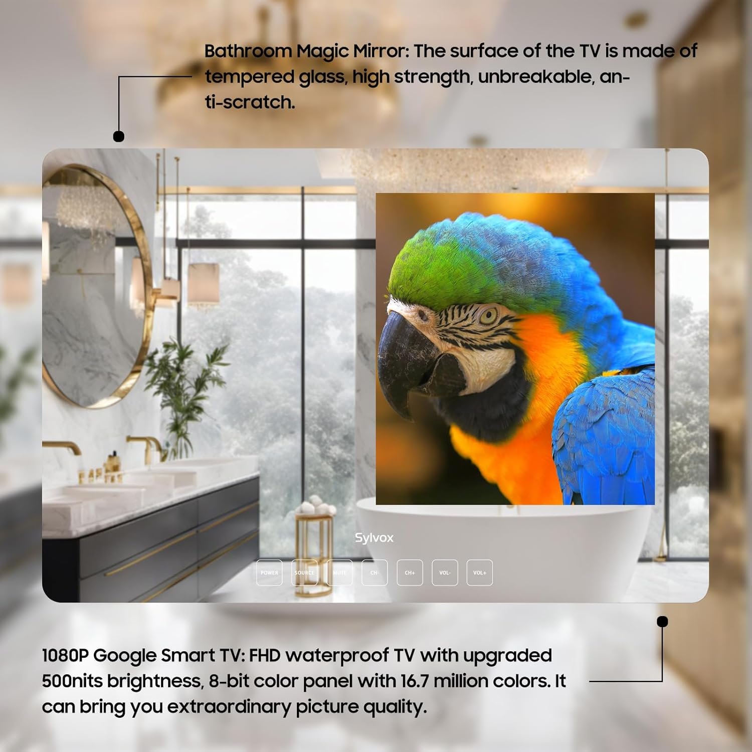 SYLVOX 24'' Smart TV Bathroom Magic Mirror Waterproof LED TV 1080P 500NITS High Brightness Dual Front Speakers Wall mounting Suitable for Bathrooms,Hotels,Saunas - Image 6