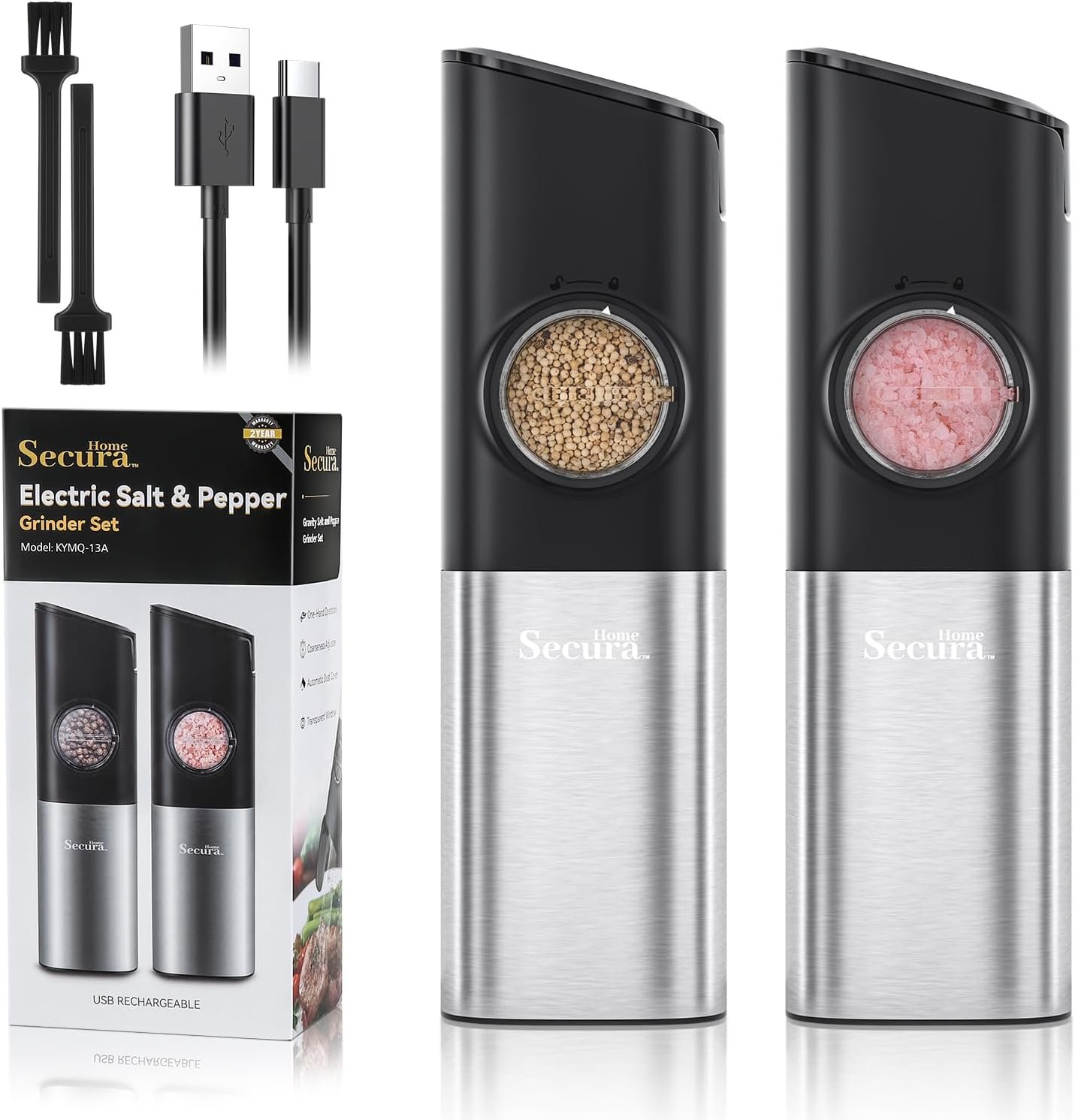 Secura Electric Salt and Pepper Grinder Set Gravity Automatic Pepper Mill Grinder with LED Light Salt Grinder Rechargeable One Hand Operated Salt and Pepper Grinder, 2 PCS - Image 2
