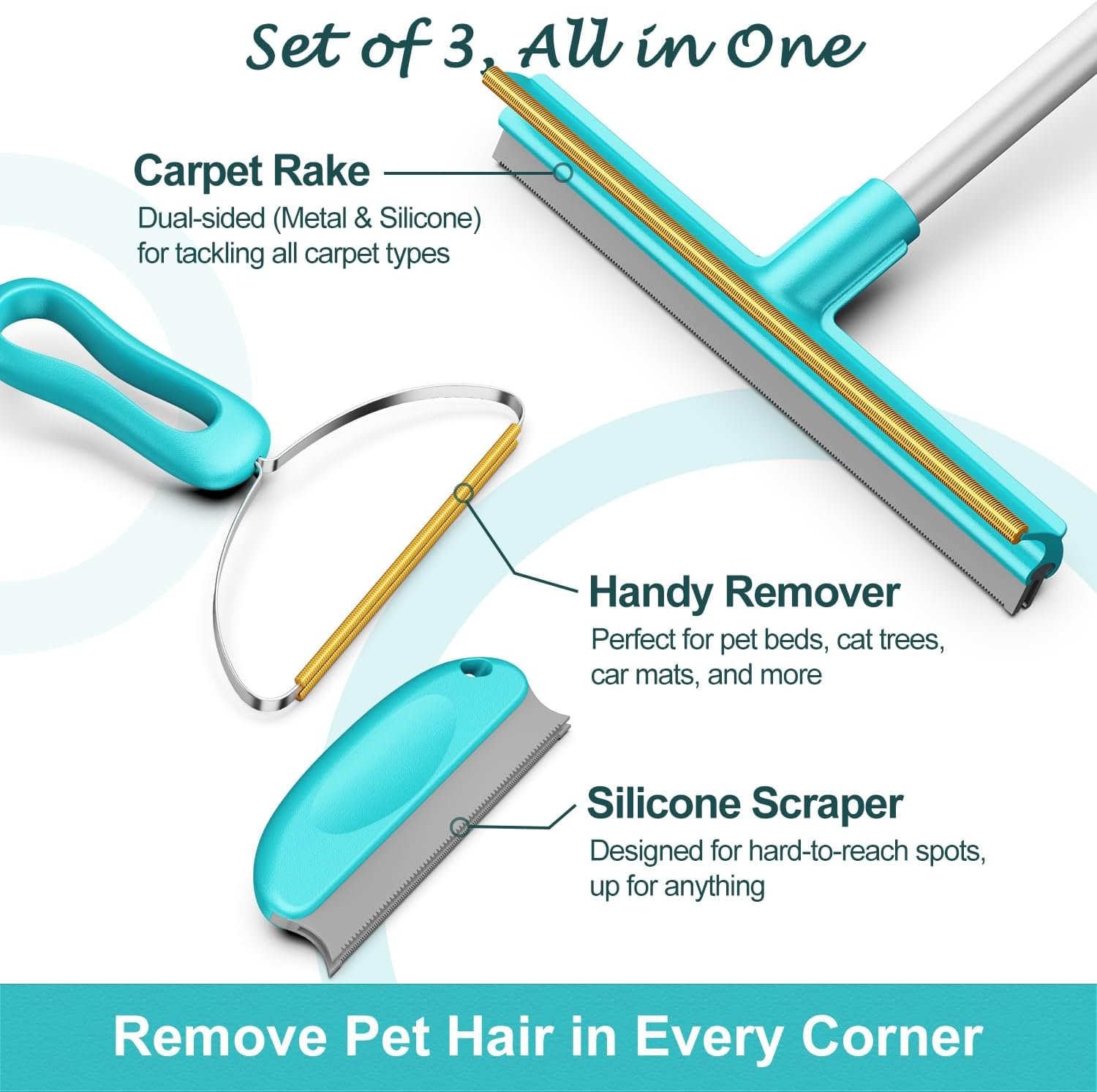 Carpet Rake for Pet Hair Removal (3 Pack), Dog Cat Fur Remover Rubber Broom, Lint Shaver Cleaner Tools Pro, Long Handle Carpet Scraper Brush for Carpet, Rug, Car Mat, Couch, Pet Bed, Furniture - Image 3