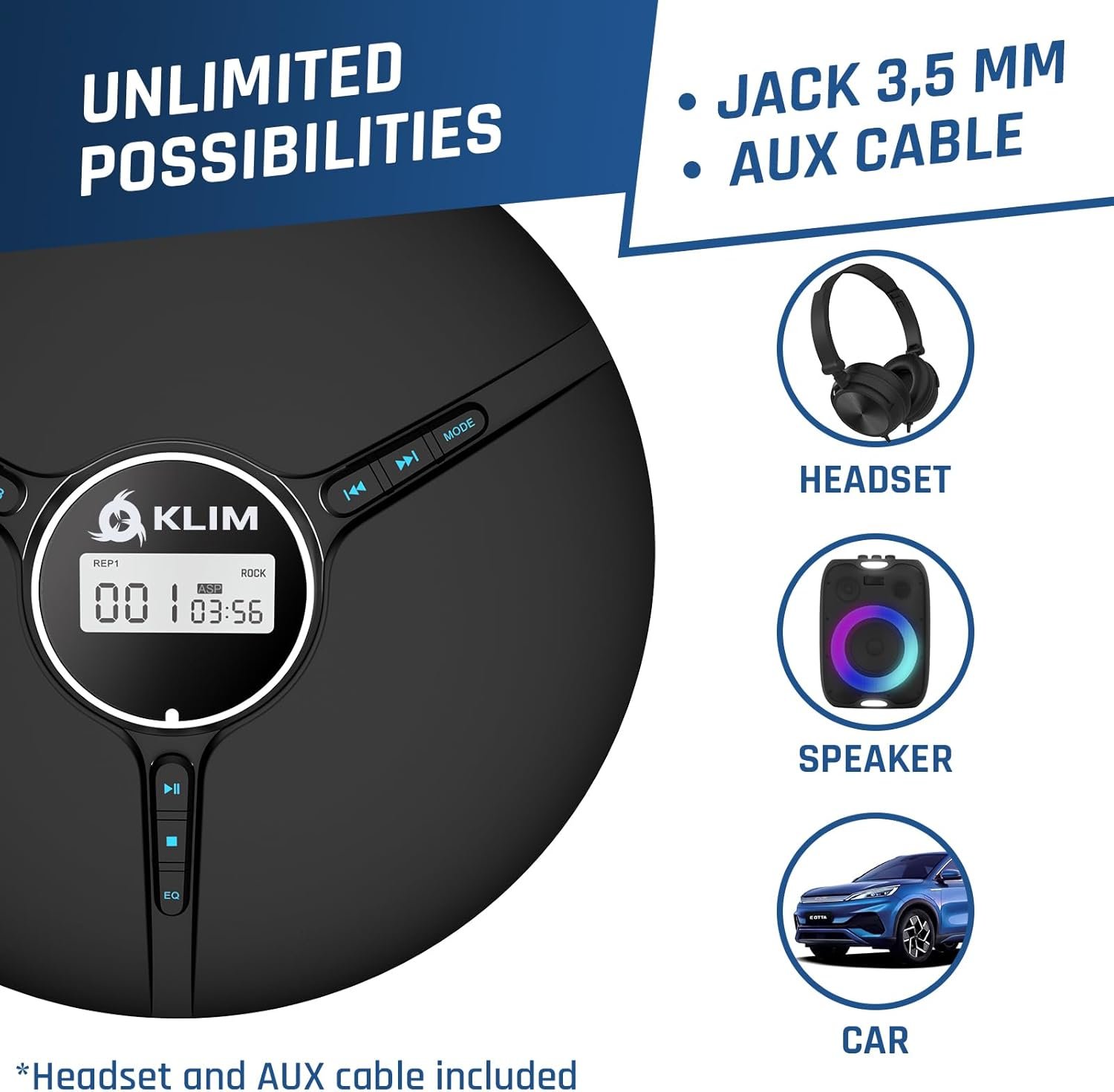 KLIM Discman with Headphones - Portable CD Player with Headphones - New Version 2024 + Ideal Car CD Player + Compatible CD-R, CD-RW, MP3. Compact Mini CD Players Personal CD Walkman - Black - Image 5