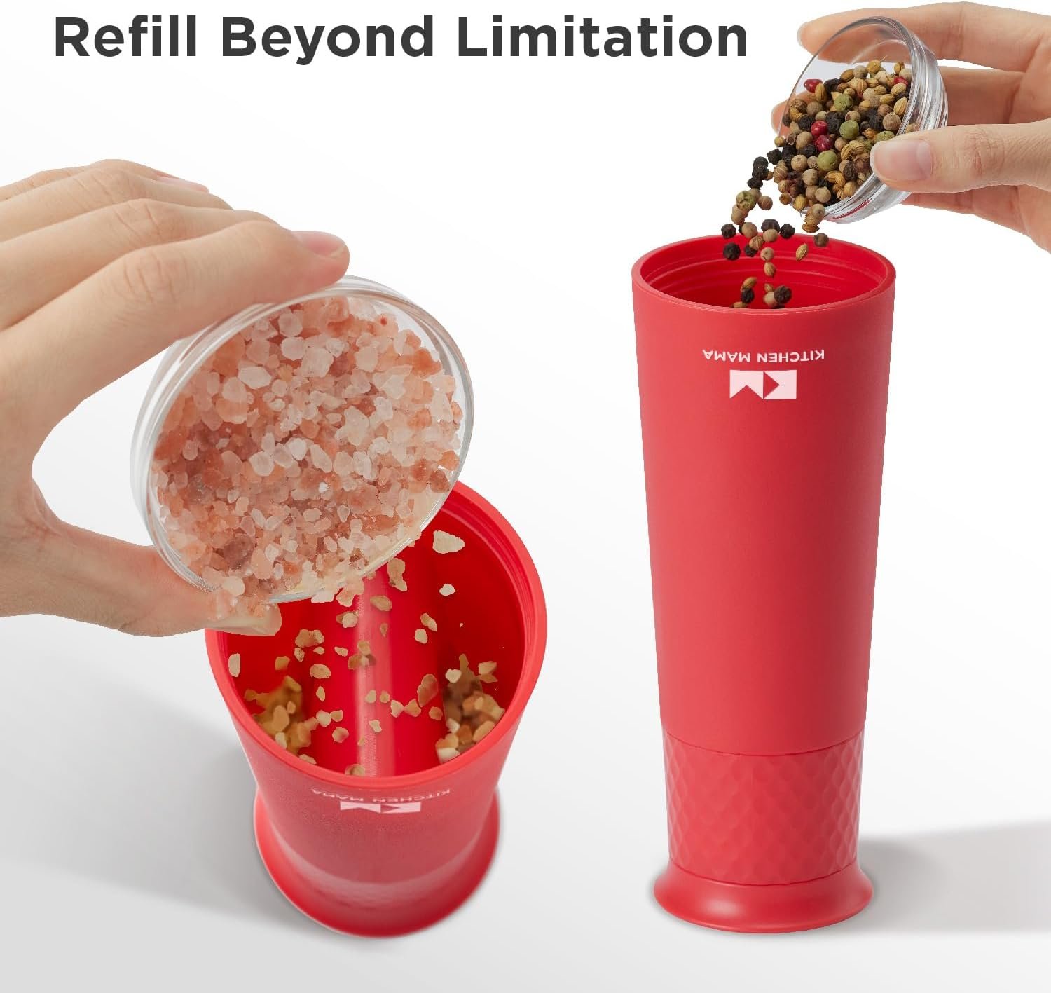 Kitchen Mama Rechargeable Gravity Salt and Pepper Grinder, Adjustable Coarseness, Refillable, Electric One-Hand-Operated, Small & Light Seasoning Tools - Automatic Spice Shaker Dispenser (Red) - Image 5