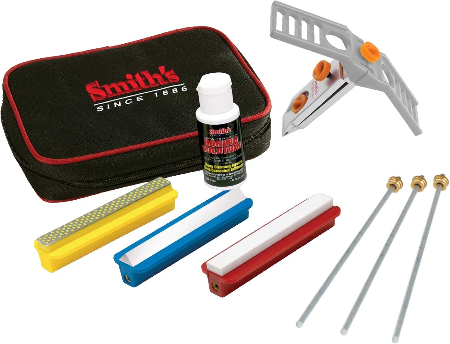 Smith’s 50596 Diamond-Arkansas Precision Knife Sharpening System | Portable Sharpening Kit | Three Sharpening Stones | Honing Solution | Hook, Tool, Knife & Serrated | Vise Clamp - Image 2