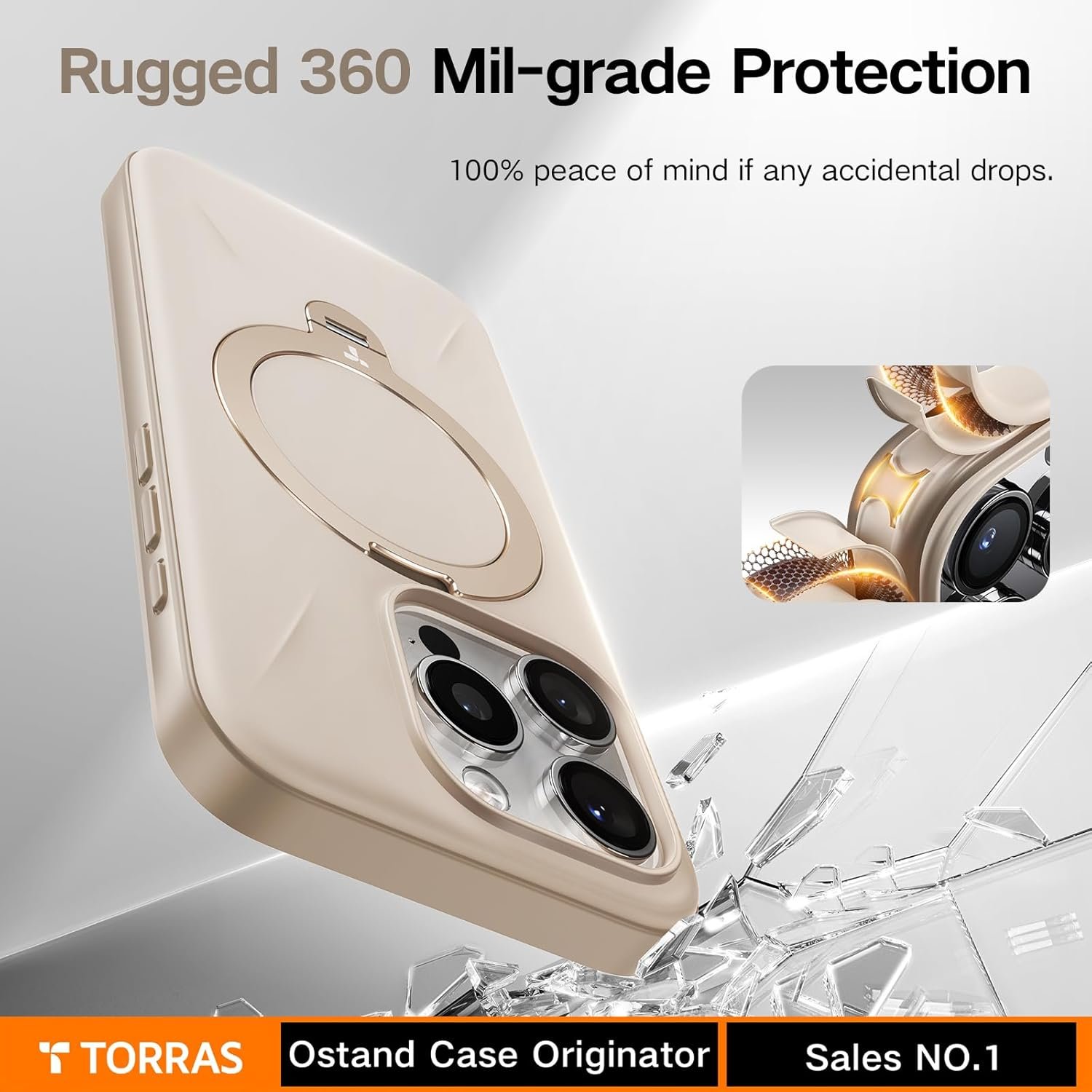 TORRAS 360°Spin Stand for iPhone 15 Pro Max Case, Compatible with Magsafe, Mil-STD Protective Hard PC Scratch-Resistant Case for iPhone 15 Pro Max Phone Case with Kickstand, Ostand Spin, Dune Beige - Image 6