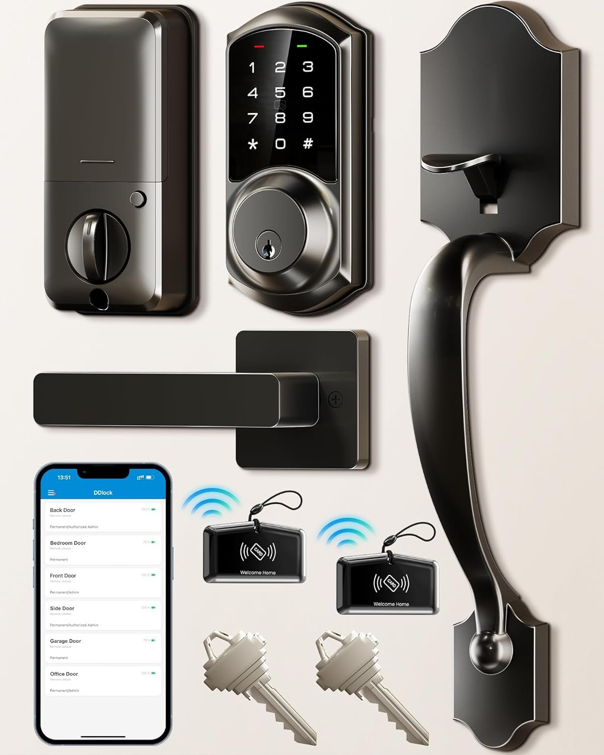 Veise Smart Front Door Lock Set, App Control, Keyless Entry Deadbolt with Lever Handle, Electronic Digital Touchscreen Keypad, Auto Lock, Easy Install, Matte Black - Image 2