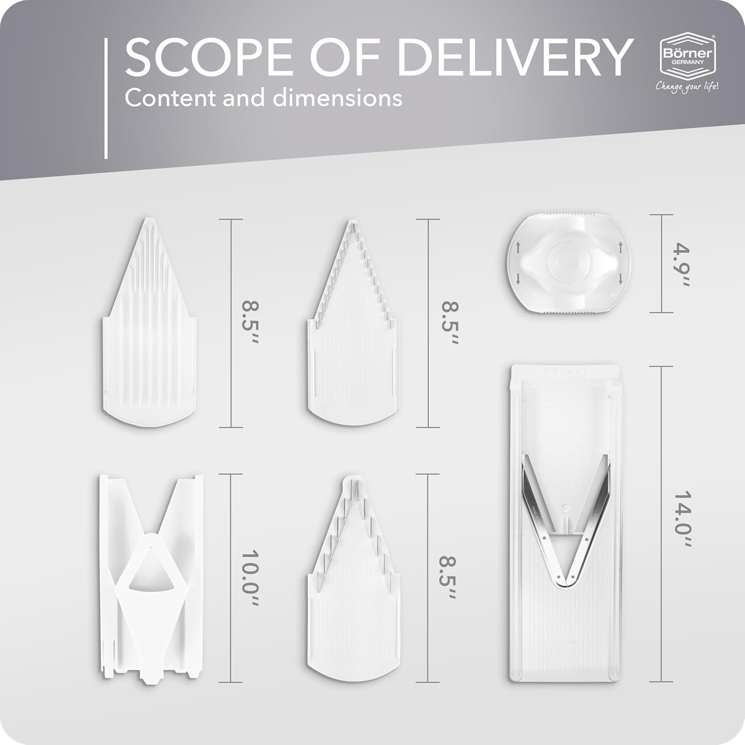 Börner Mandoline Slicer V3 (Starter Set) • V-Slicer for 5 Cutting Styles with Fruit Holder • Adjustable Vegetable Slicer for Vegetables & Fruits • Stainless Steel V-Blade • Color: White - Image 8