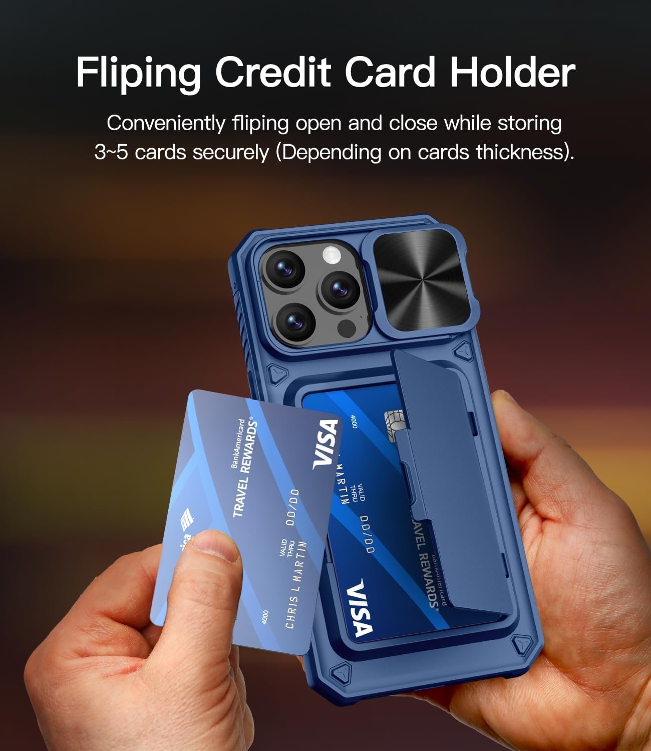Wallet Case for iPhone 15 Pro Max, Phone Case Bulit-in Credit Card Holder (Storage 4 Cards) & Slide Camera Lens Cover, Durable Shockproof Rugged Wallet Case for iPhone 15 Pro Max- 2023, Blue - Image 4