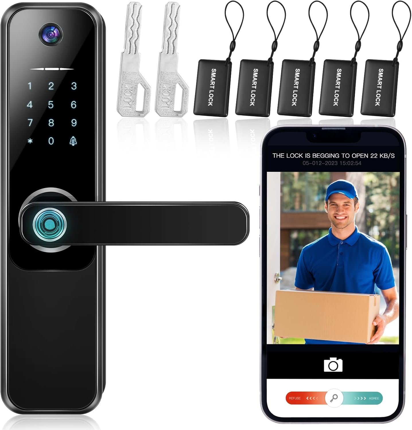 Geiserailie Smart 3-in-1 Lock, Black, Keyless with Fingerprint Recognition, 4 Access Cards, 2 Keys, 1 Instruction Manual, 1 Operation Video, 1 Screwdriver - Image 2