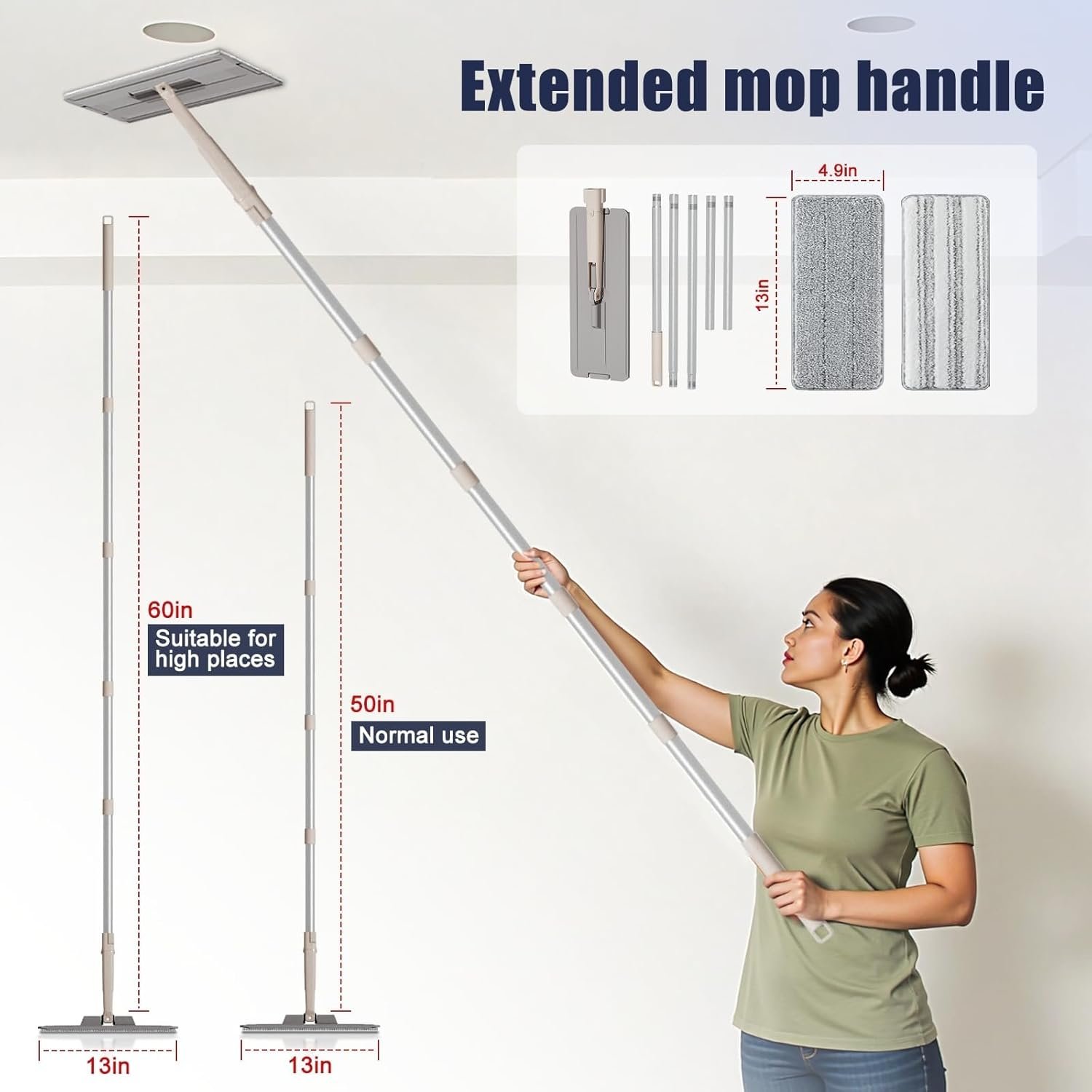 Mop and Bucket with Wringer Set for Home, 3-Chamber Separate Dirty Clean Water Flat Spin Mop and Bucket Set for Wet Dry Floor Wall Mops Hands Free Automatic Clean 60in Handle with 4 Microfiber Pads - Image 7