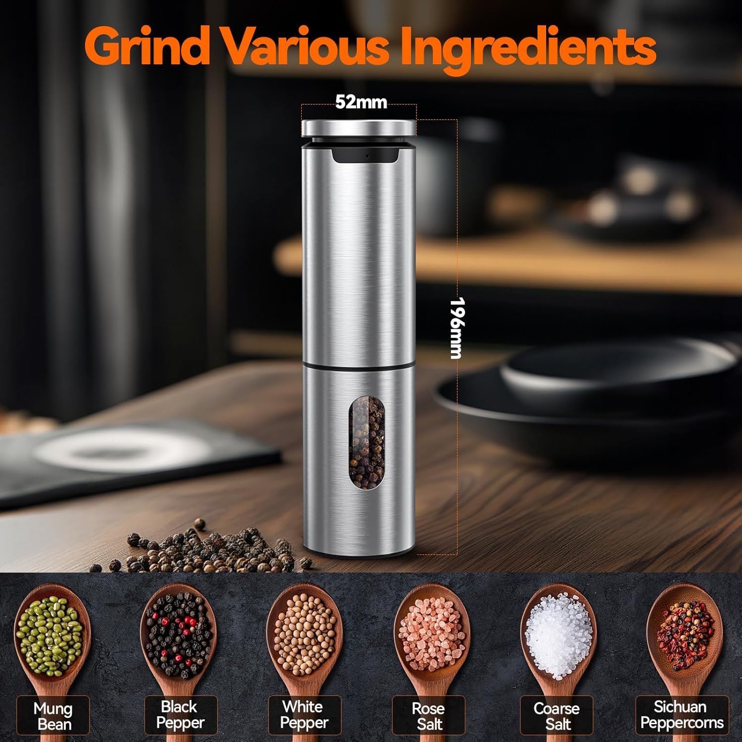 VOXON Electric Salt and Pepper Grinder Set, Food Grade Stainless Steel Mill with LED Light One Handed Operation - Image 7