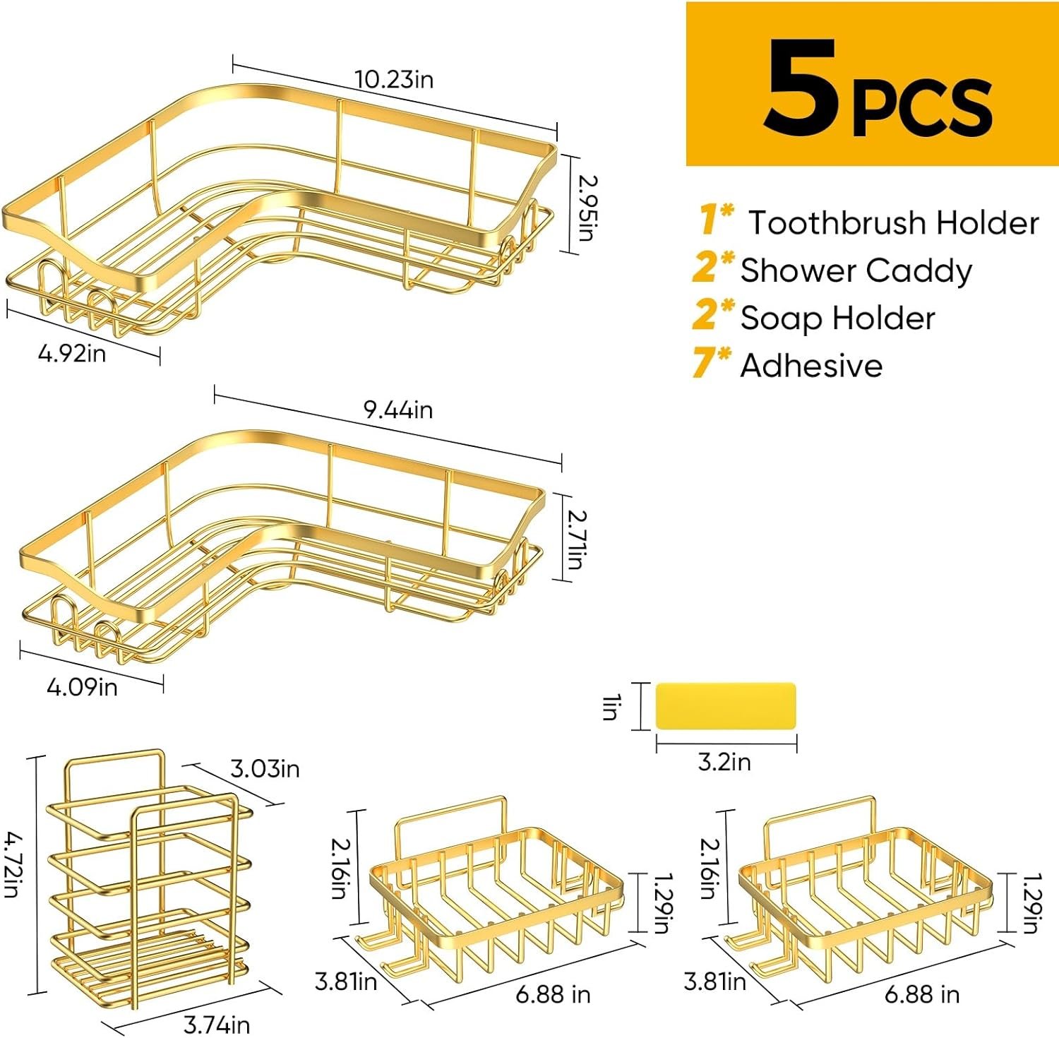 Gold Corner Adhesive Shower Caddy,Rustproof Stainless Steel Corner Shower Shelves for Bathroom Kitchen, No Drilling Wall Mounted Shower Rack for inside Shower, 5 Pack - Image 6