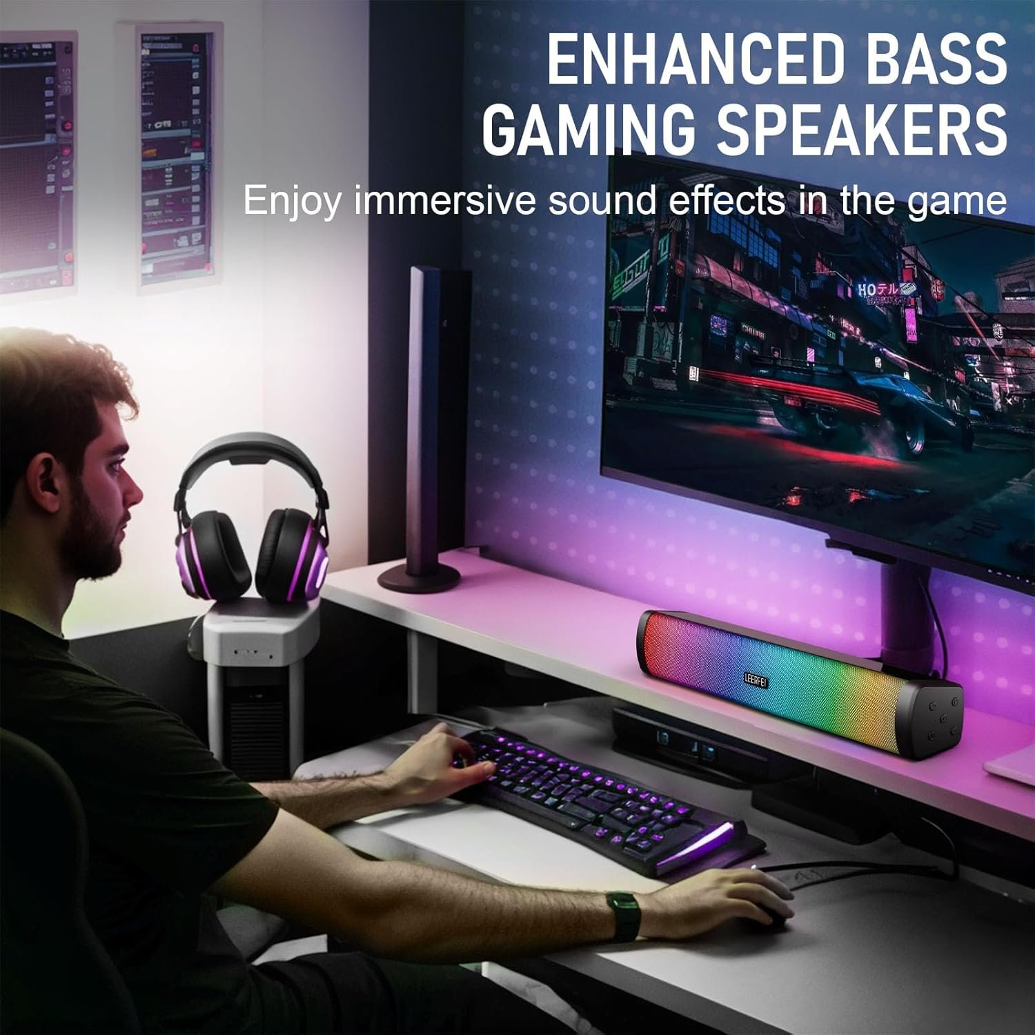 OOYY Home Portable Bluetooth Speaker with Colorful Flashing Lights, Wireless Bluetooth Sound Bar, Perfect for Home Theater and Gaming (Black) - Image 6