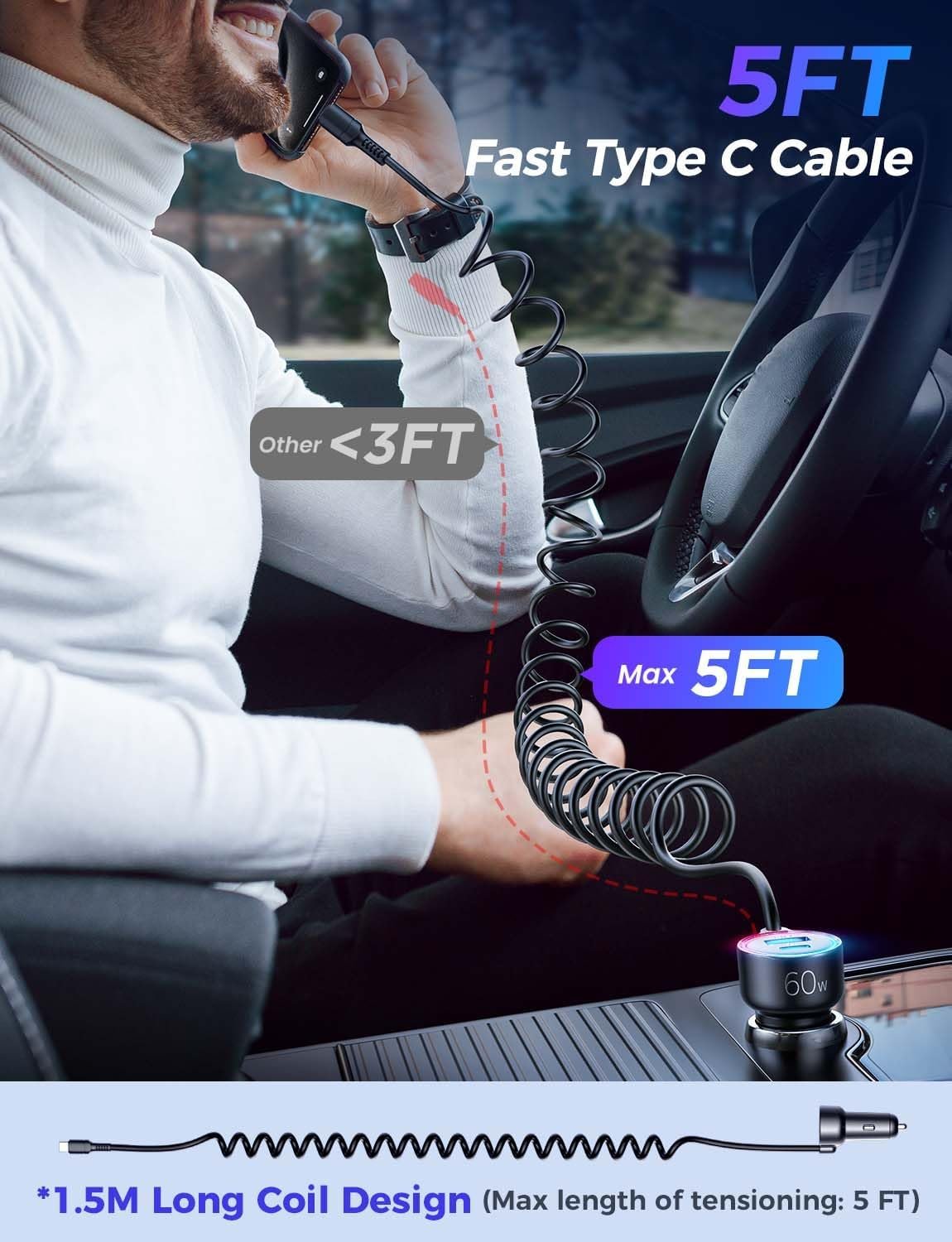 USB C 60W Car Charger for iPhone 16 Pro, PD & QC3.0 w/5 ft 30W Type C Coiled Cable, Fast Car Phone Charger Adapter for iPhone 15 Pro Max Plus, Samsung Galaxy S24/S23/S22, Pixel/Moto/LG/Android, iPad - Image 4