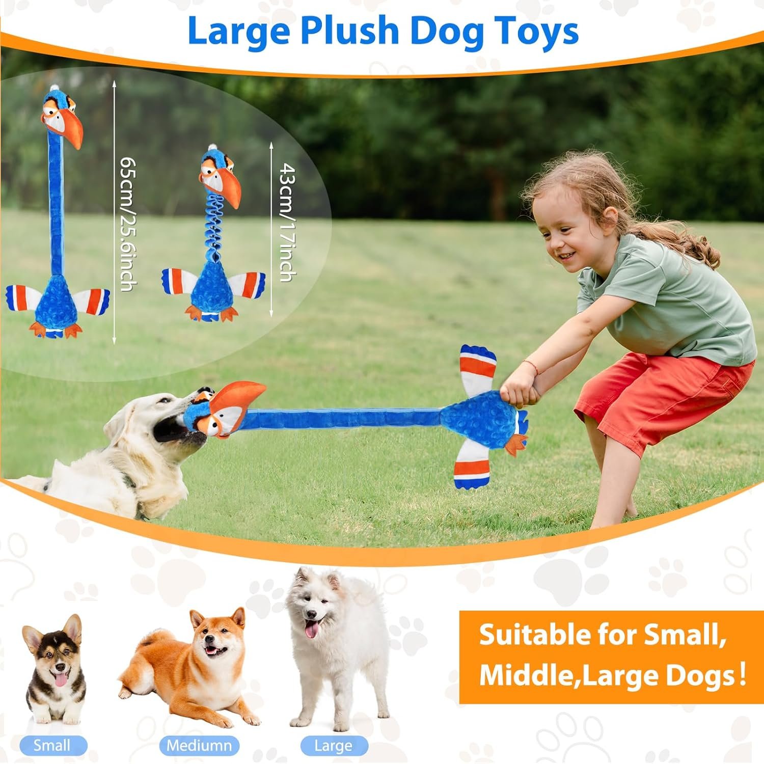 Squeaky Dog Toys for Large Dogs, Tough Tug of War Puppy Toy, Cute Animal Design Plush Dog Toys with Crinkle Paper, Dog Chew Toys for Small, Medium and Large Dogs - Image 4
