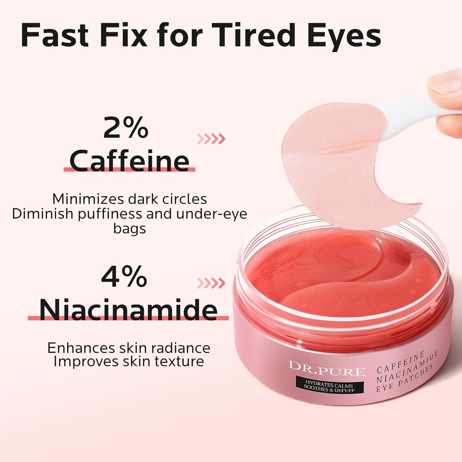 Dr. Pure Under Eye Patches for Puffiness: Dark Circles and Puffy Eyes Treatment Caffeine Eye Mask with Niacinamide Hyaluronic Acid - Smooth Wrinkles Reduce Eye Bags Undereye Gel Pad (30 Pairs) - Image 3