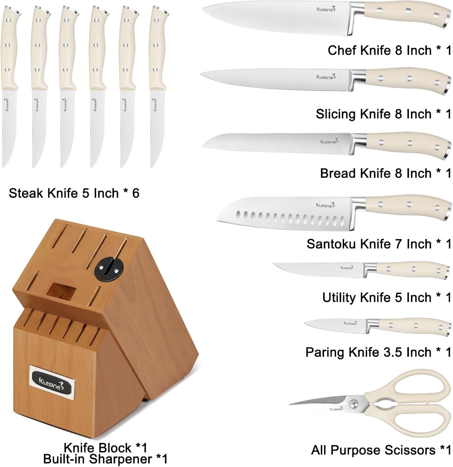 Kuisine Kitchen Chef Knife Block Set,High Carbon Stainless Steel Razor-Sharp Blade Ergonomic Handle,Knife Set Block with Built-in Sharpener,Elegant Gift(Irovy-Acacia,15pcs) - Image 4