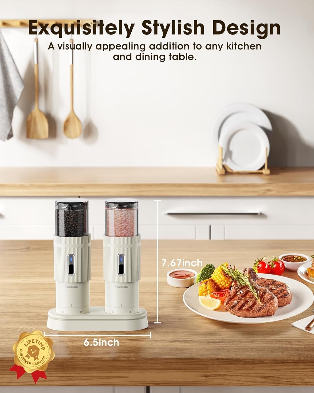Upgraded Larger Capacity Electric Salt and Pepper Grinder Set, Rechargeable Salt and Pepper Grinder Set with Charge Base, Adjustable Coarseness, Efficient Kitchen Gadgets, Beige - Image 3