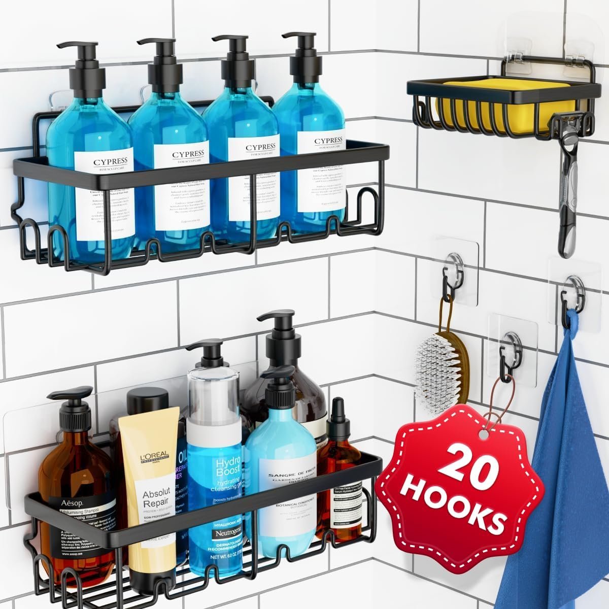 Shower Shelves 3 Pack, Adhesive Shower Organizer with 20 Hooks, 3 Adhesive Hooks, Large Capacity,Stainless Steel Black Shower Caddy,No Drilling,Easy Installation Shelf for Inside - Image 2