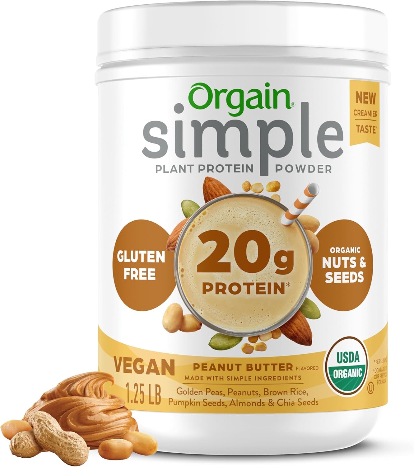 Orgain Organic Simple Vegan Protein Powder, Peanut Butter - 20g Plant Based Protein, With less Ingredients, No Artificial Sweeteners, Gluten Free, No Lactose Ingredients, 1.25 lb (Packaging May Vary) - Image 2