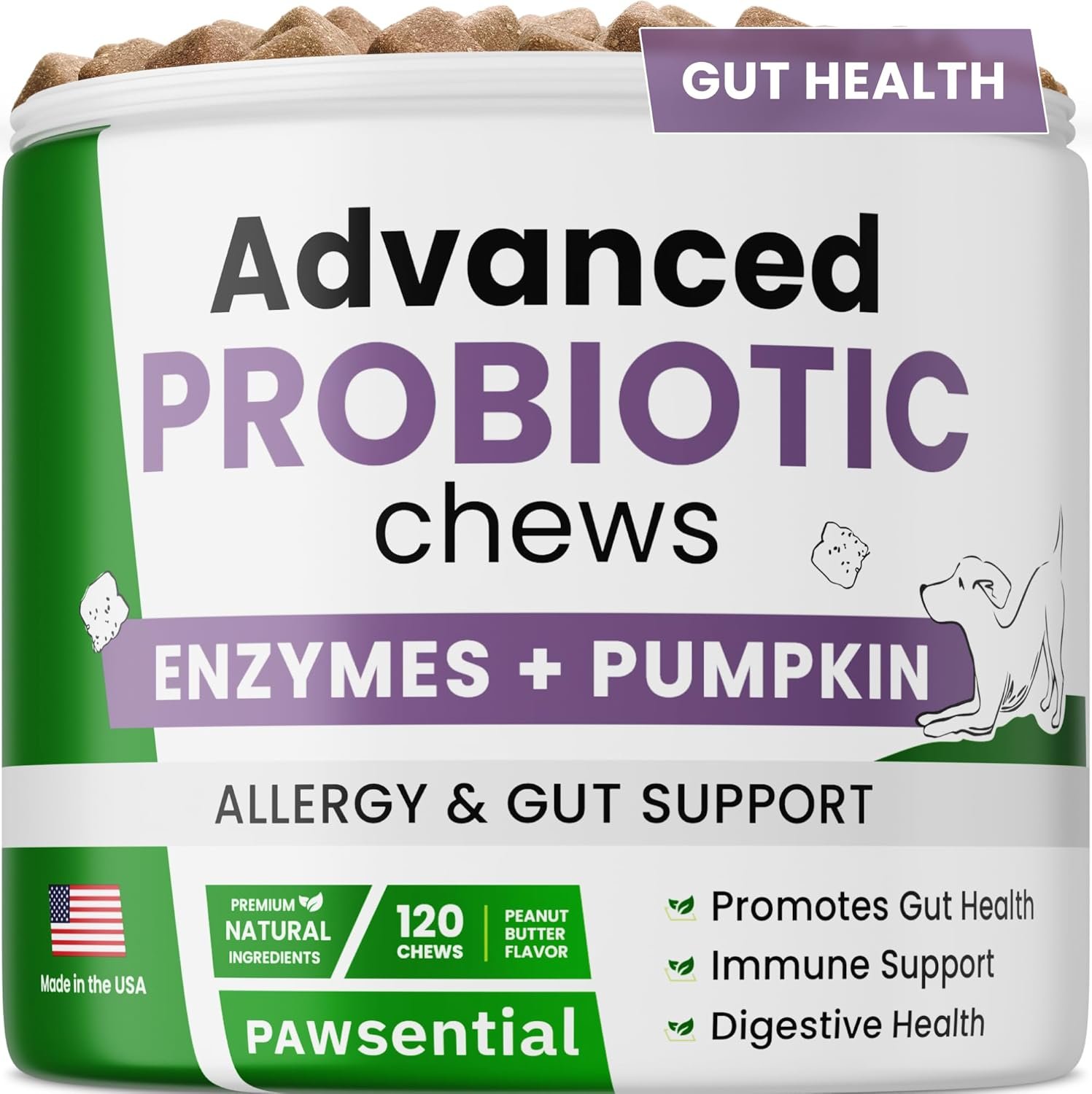 Advanced Dog Probiotics & Digestive Enzymes |Gut Health| Chews for Digestion, Allergy Yeast, Itchy Skin- Prebiotics Fiber Supplement - Diarrhea Gas Upset Stomach Relief Treats - 120 Chews - Image 2