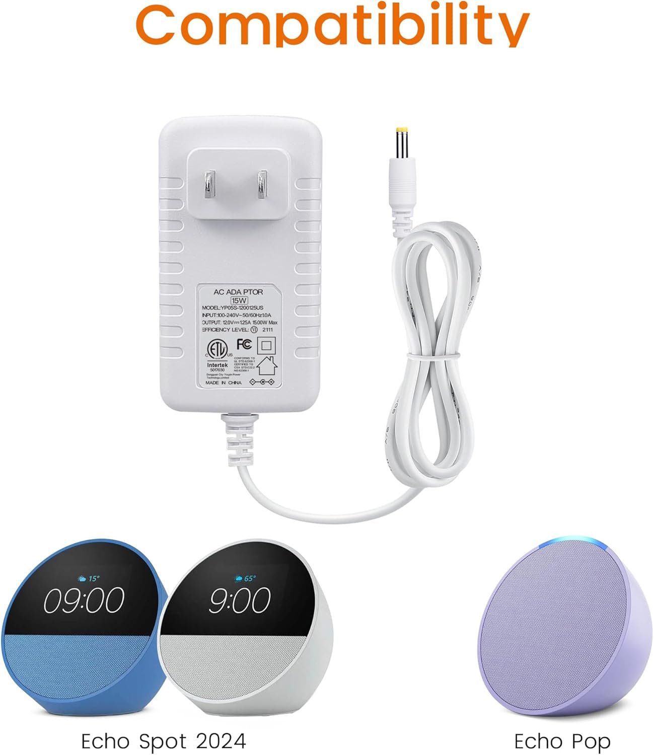 15W Power Cord Adapter for Echo Spot Smart Clock & Pop Smart Speaker - White Wall Charger Plug Long Cable, 5ft - Image 3