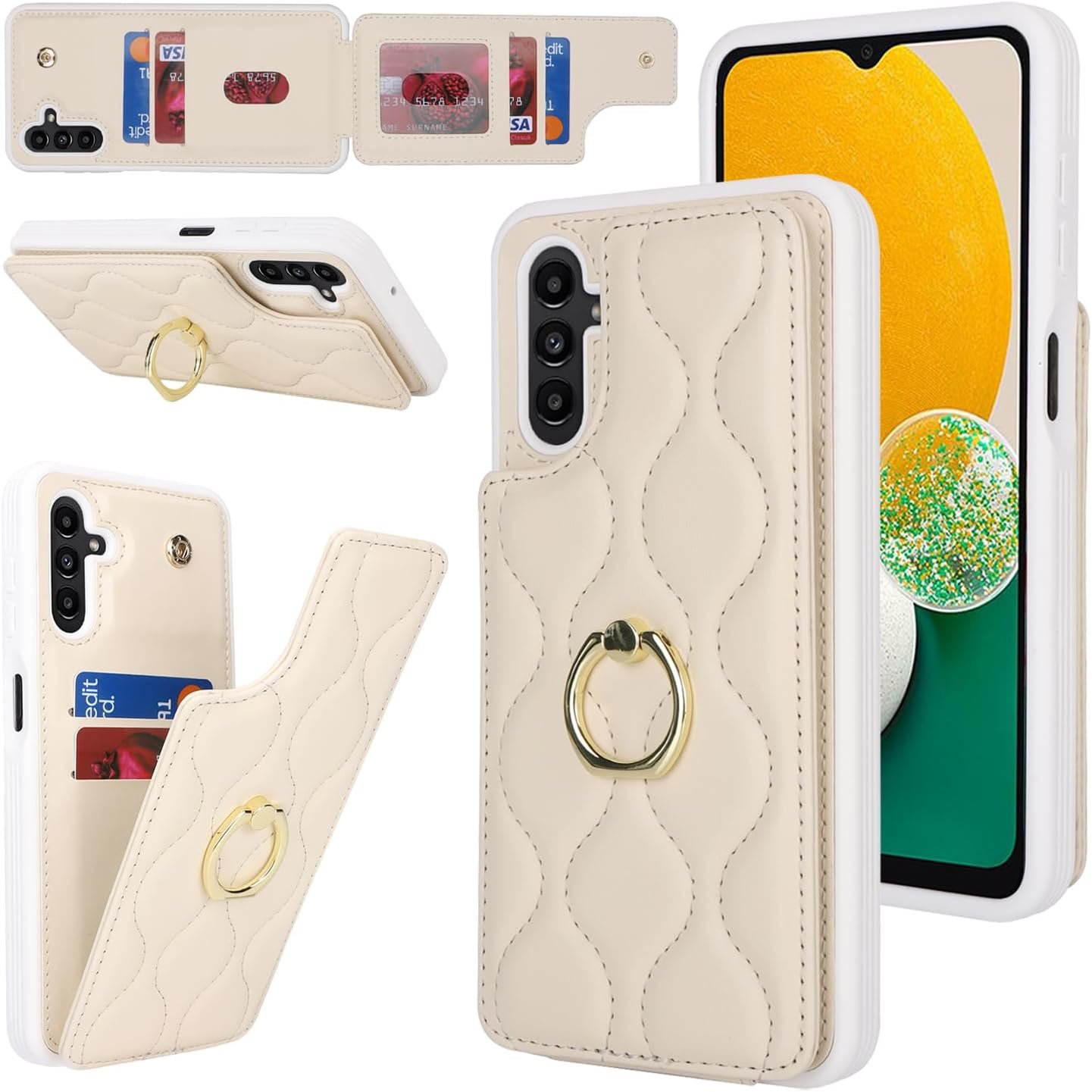 for Samsung Galaxy A14 5G Case with Card Holder,Credit Card Holder,Stand Ring Kickstand,Phone Wallet Case for Women 6.6"(Beige) - Image 2