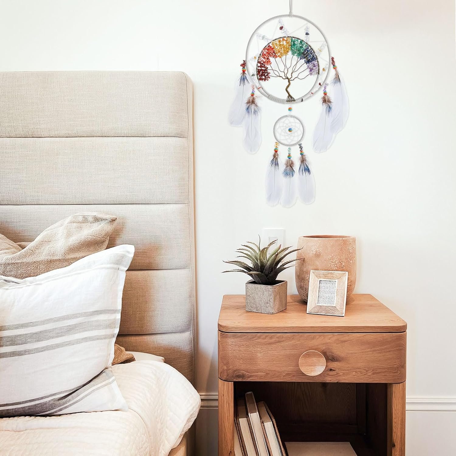 7 Chakras Tree of Life Dream Catcher Wall Decor with Rainbow Healing Crystal Stone Handmade White Feather DreamCatchers Wall Hanging Ornaments for Bedroom Home Decor Blessing Gift Wedding Party-23.6" - Image 6