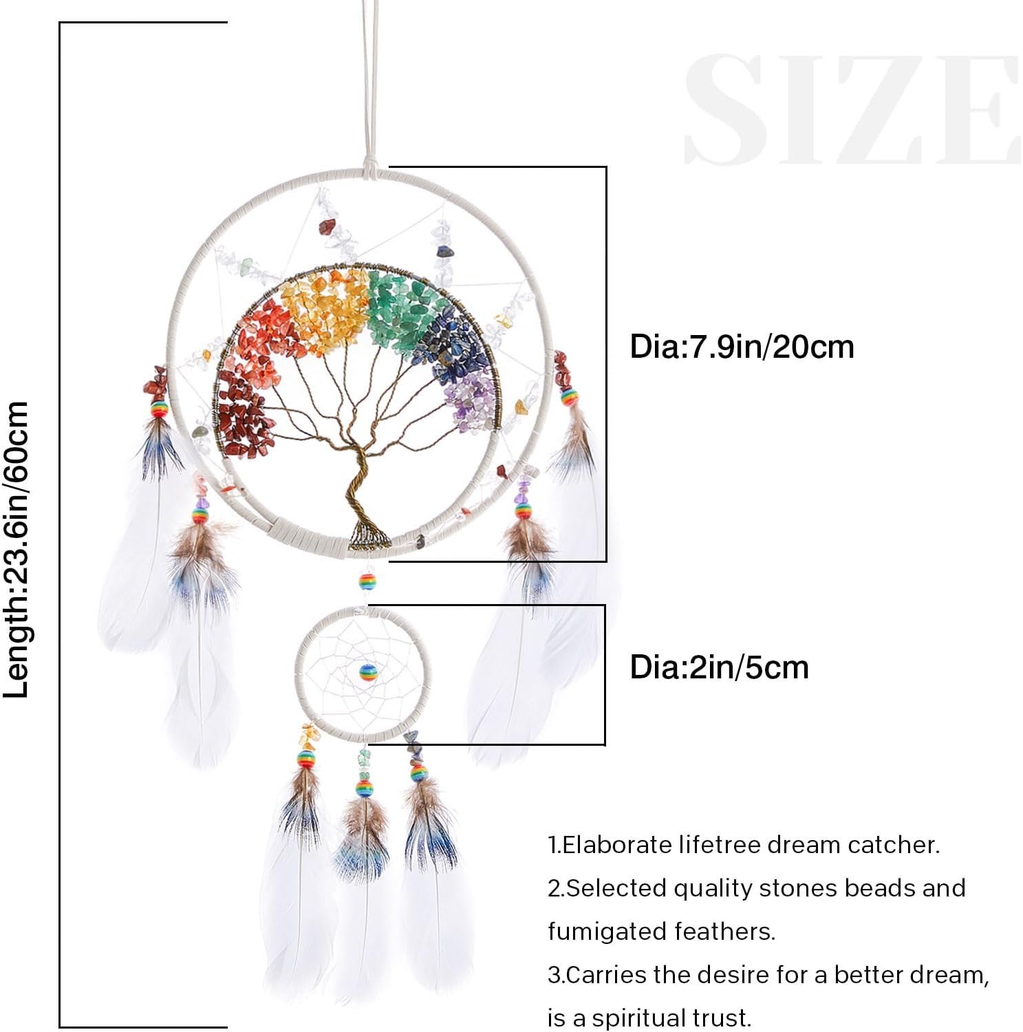 7 Chakras Tree of Life Dream Catcher Wall Decor with Rainbow Healing Crystal Stone Handmade White Feather DreamCatchers Wall Hanging Ornaments for Bedroom Home Decor Blessing Gift Wedding Party-23.6" - Image 3
