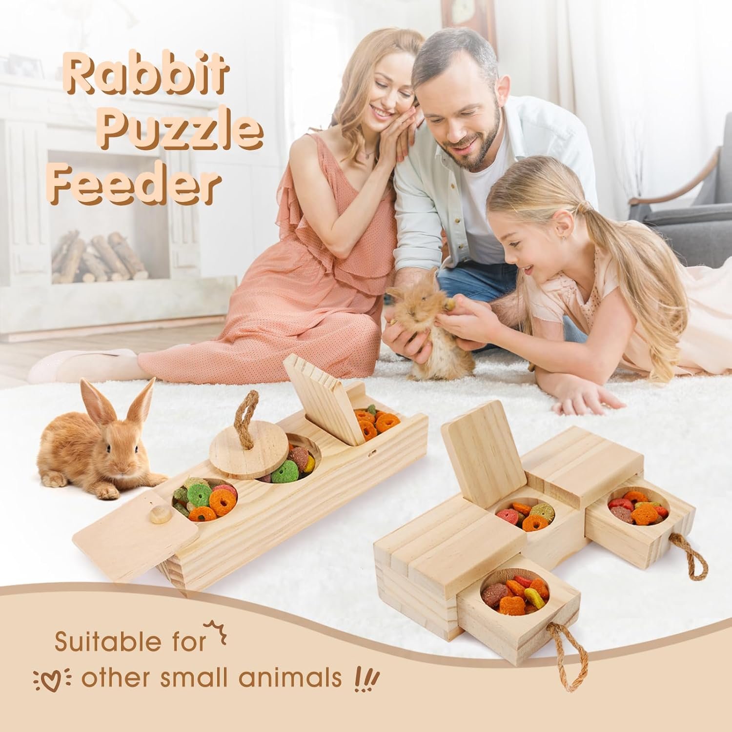 2PCS Interactive Wooden Rabbit Toys,Bunny Puzzle Toys,Sniff n' Snack Rabbit Chew Toys,Enrichment Toys for Bunnies,Hamsters,Guinea Pig,Chinchilla and Other Small Animals - Image 3