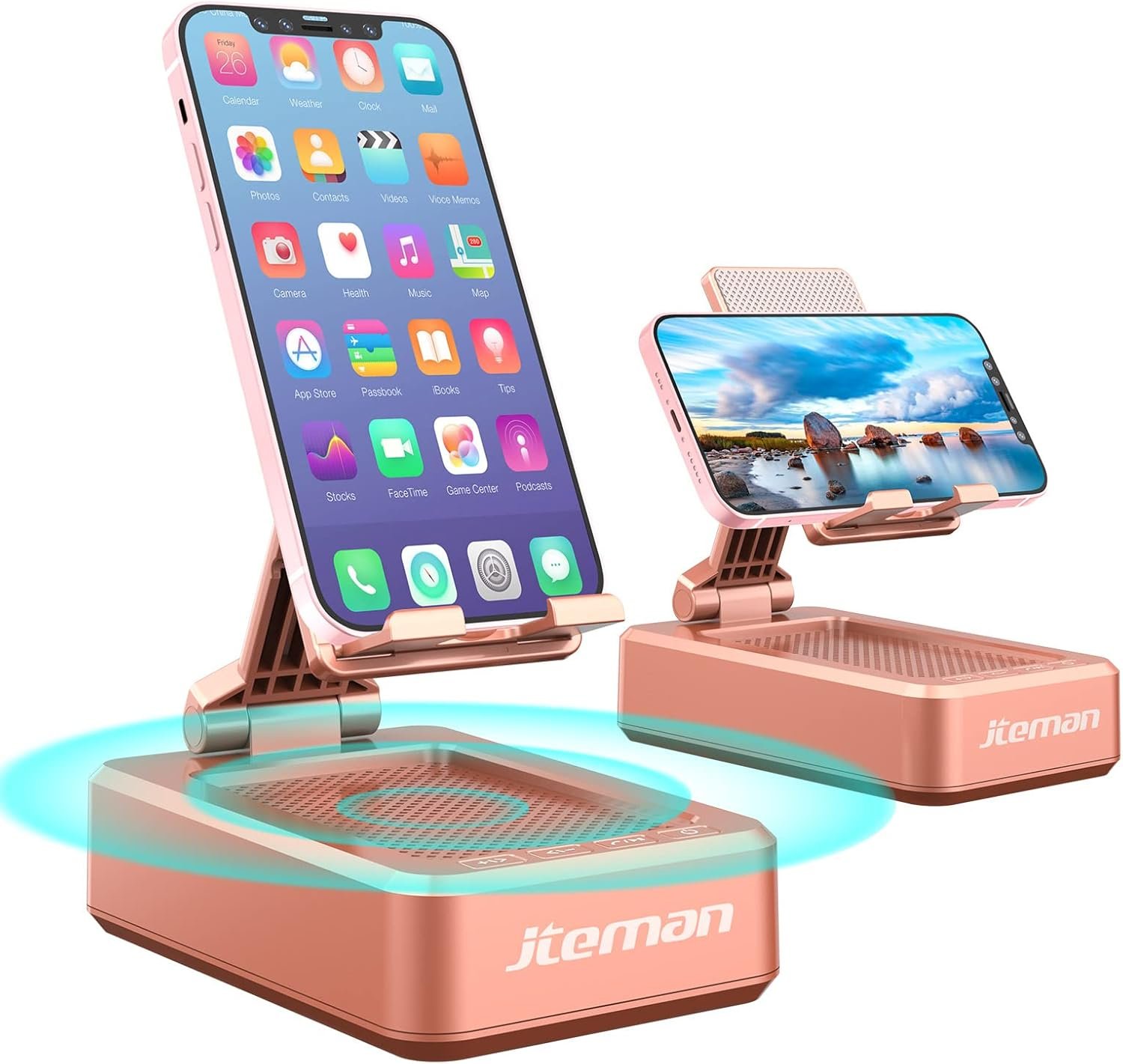 Jteman Portable Phone Stand with Speaker Bluetooth Wireless,Gifts for Men Women,Birthday for Women Men,Kitchen Gadgets for Men,Phone Holder for Desk - Rose Gold - Image 2