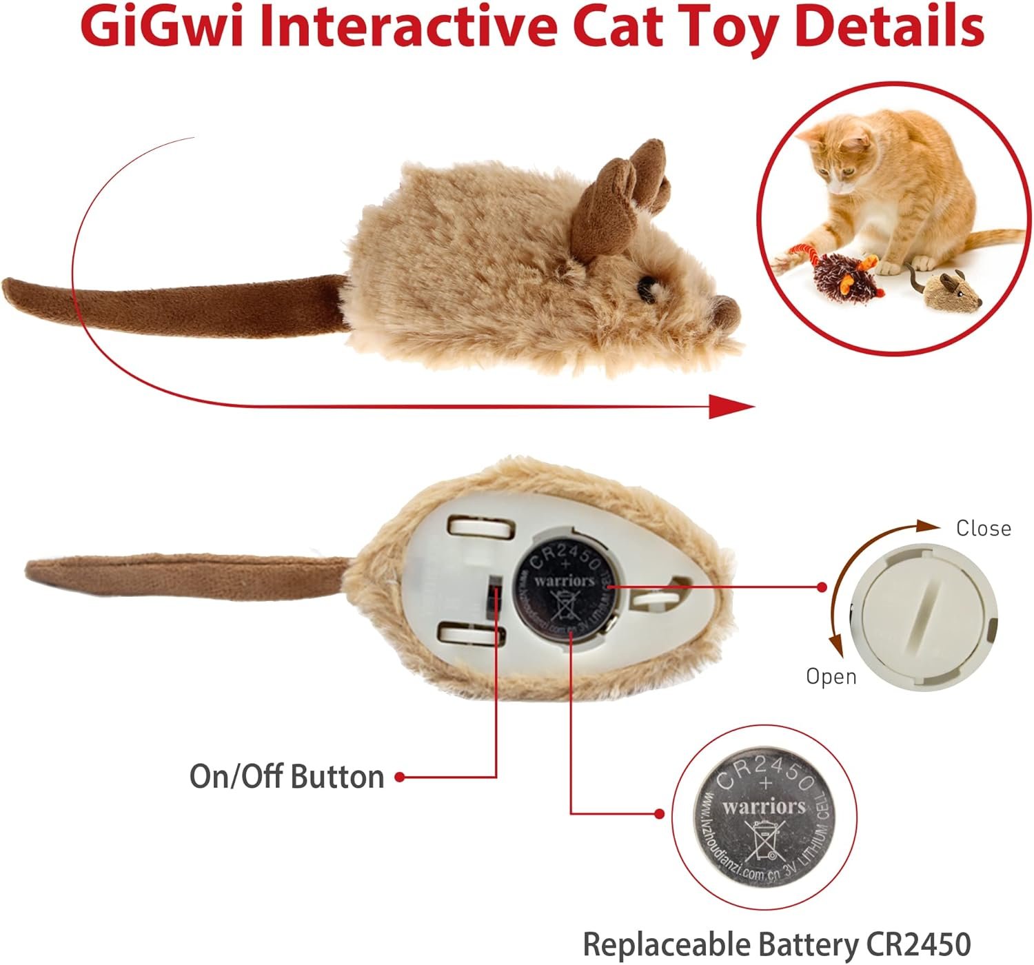 Gigwi Interactive Cat Toys for Indoor Cats, Cat Mouse Toys 2 Pcs with Electronic Realistic Squeaky Sound, Automatic Moving Kitten Toys Electric Mice Toy Self Play Exercise(Brown & Orange Ears) - Image 6