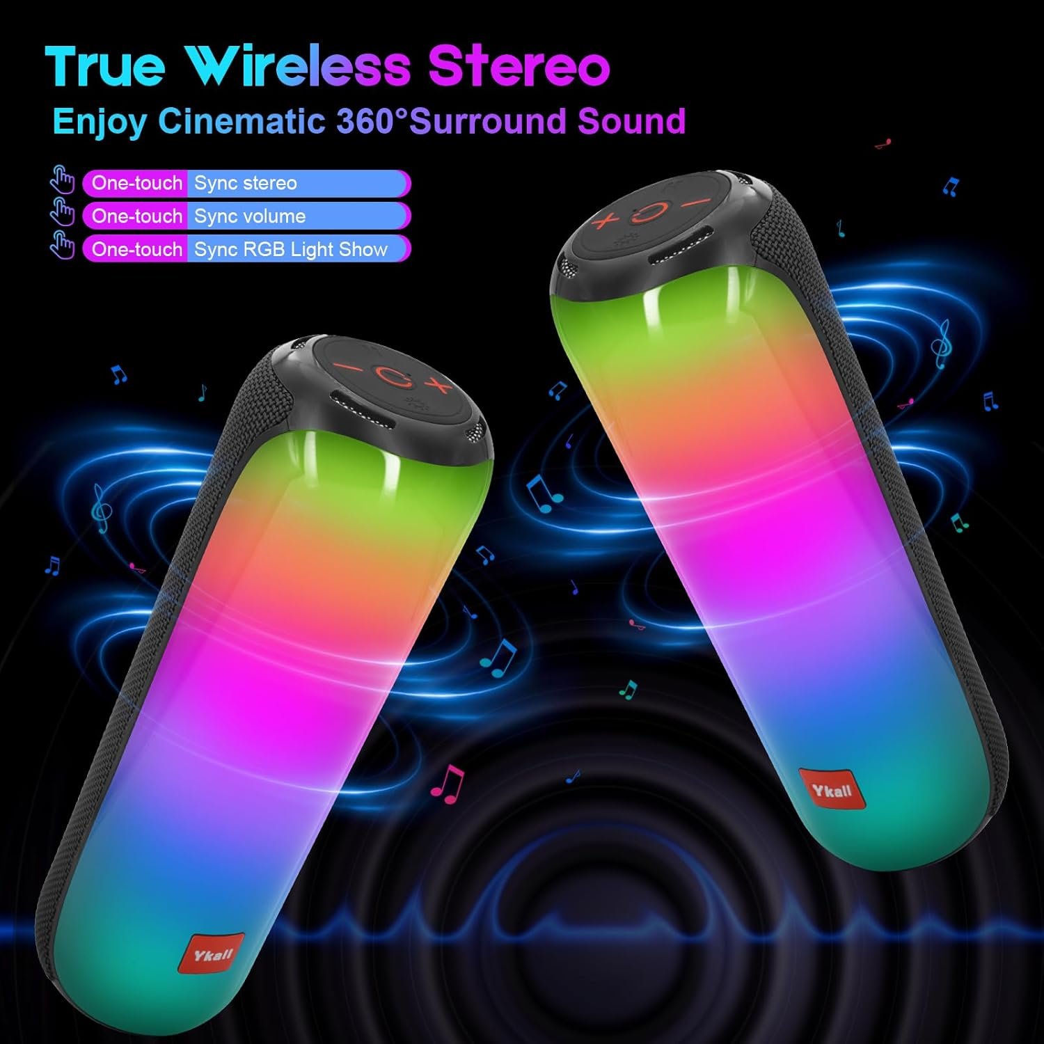 Portable Bluetooth Speaker, 20W Loud Sound Wireless Speaker with Cool Dynamic LED Lights, Outdoor Bluetoooth Speaker, IPX5 Waterproof, Bluetooth 5.3, 14H Playtime Supports FM Mode, TF, USB - Image 5