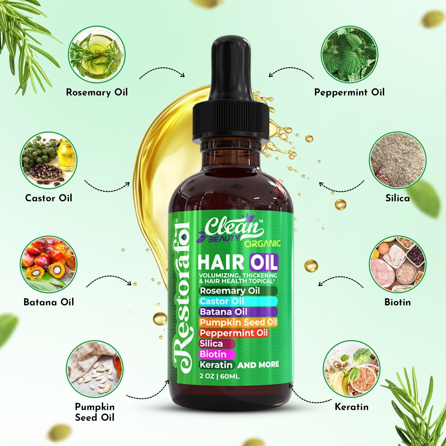 Rosemary Hair Oil For Growth with Castor Oil, Batana Oil, Pumpkin Seed Oil, Peppermint Oil, Silica, Biotin, Collagen, Keratin, Saw Palmetto, Horsetail, Tea Tree, Vit E, Aloe Vera, Jojoba - Image 3